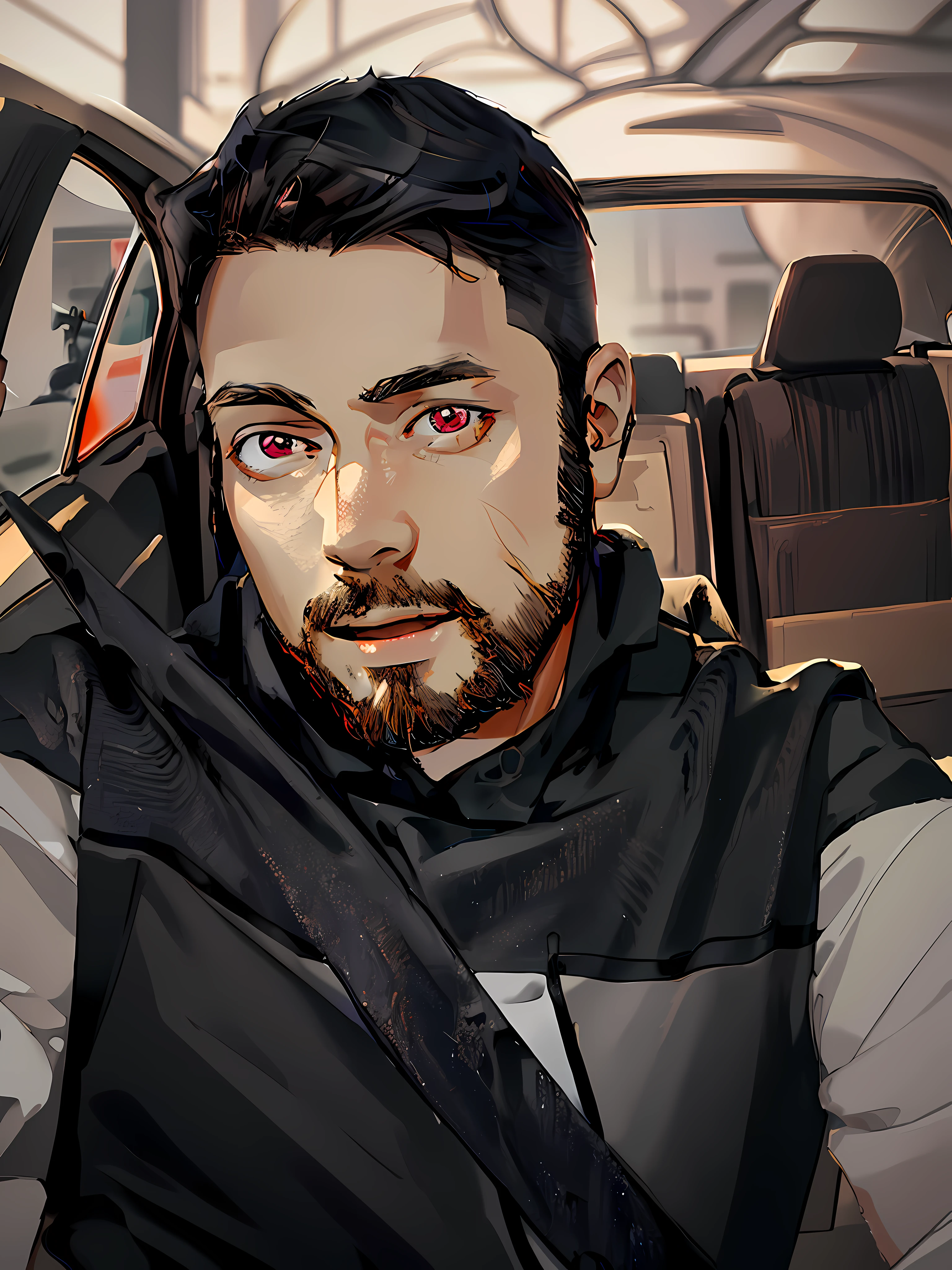 (masterpiece),(best quality:1.0), (ultra highres:1.0), detailed illustration, 8k, 1boy, anime boy, wearing eed t-shirt, smiling, detailed face, perfect face, anime eyes, detailed eyes, dark red eyes, highlights in eyes, detailed hair, black hair, highlights in hair, day time, highly detailed, anime style, vibrant, red theme