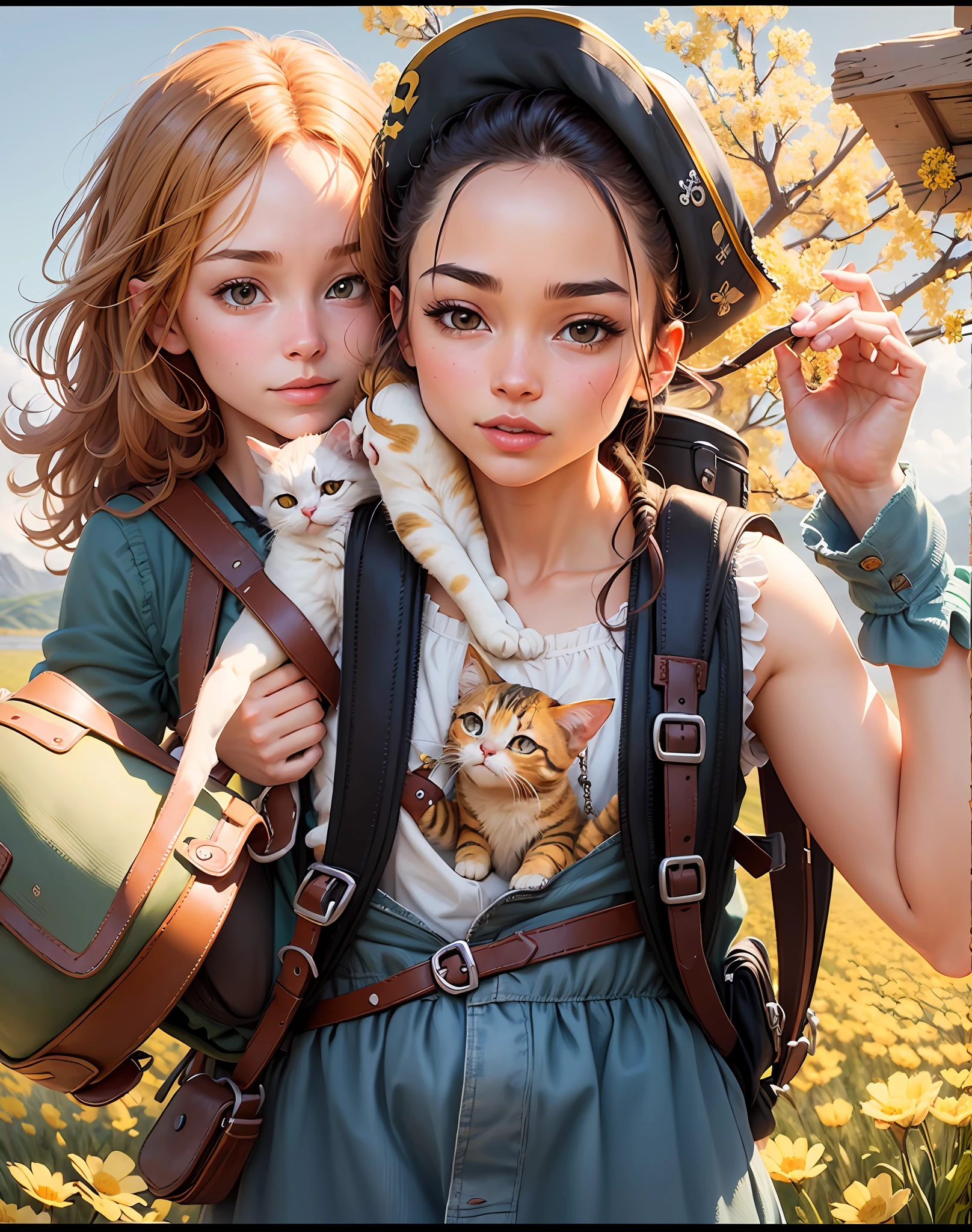 Prompt: An incredibly charming sexy pirate carrying a backpack, accompanied by her adorable kitten, enjoying an adorable spring ride surrounded by gorgeous yellow flowers and natural landscapes. The illustration is in high definition in 4k resolution, with highly detailed facial features and cartoon-style visuals. --auto --s2