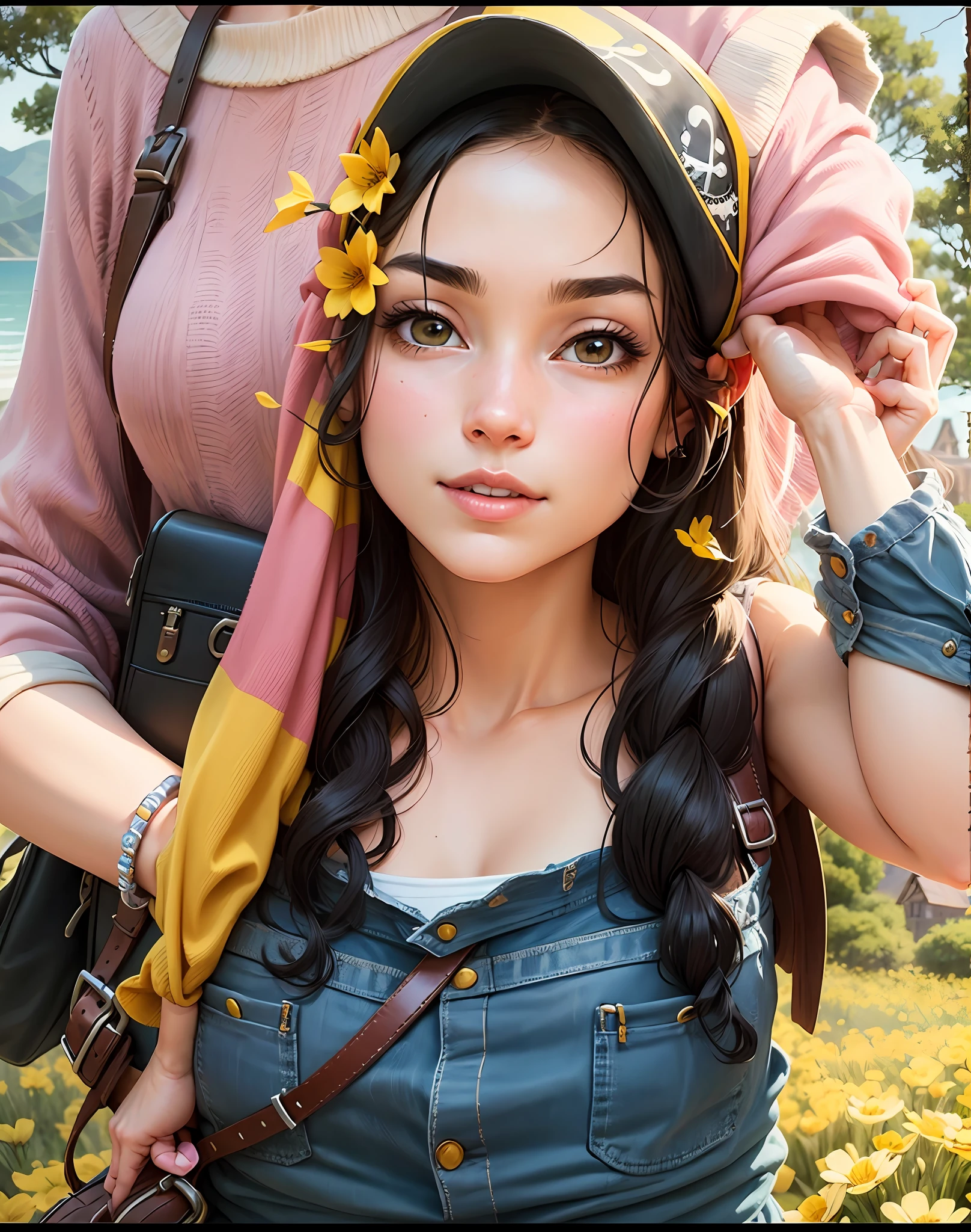 Prompt: An incredibly charming y pirate carrying a backpack, accompanied by her adorable kitten, enjoying an adorable spring ride surrounded by gorgeous yellow flowers and natural landscapes. The illustration is in high definition in 4k resolution, with highly detailed facial features and cartoon-style visuals. --auto --s2