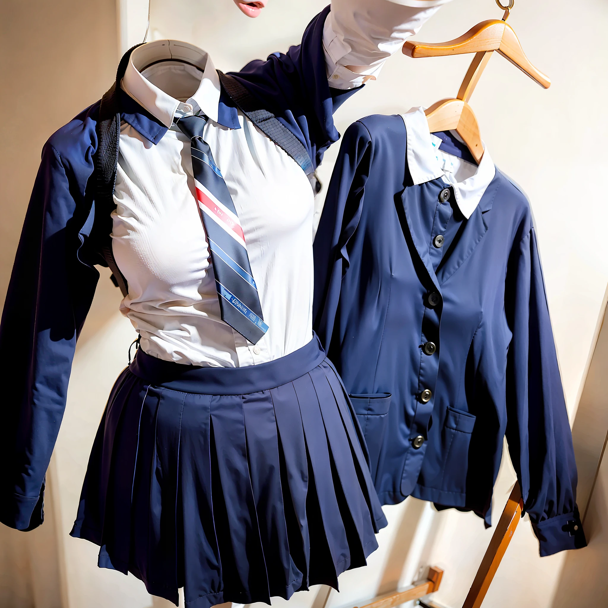 hanger school uniforms in closet raise their sleeves as if invisible girl wear it, school uniforms swells as if possessed by invisible girls, school uniforms have huge breasts, (((no humans))), (headless), faceless, invisible girls, from above, (hanger), jk ribbon on the neck, (in closet), armpits, hand on hip, (masterpiece), missing limb, absurdres