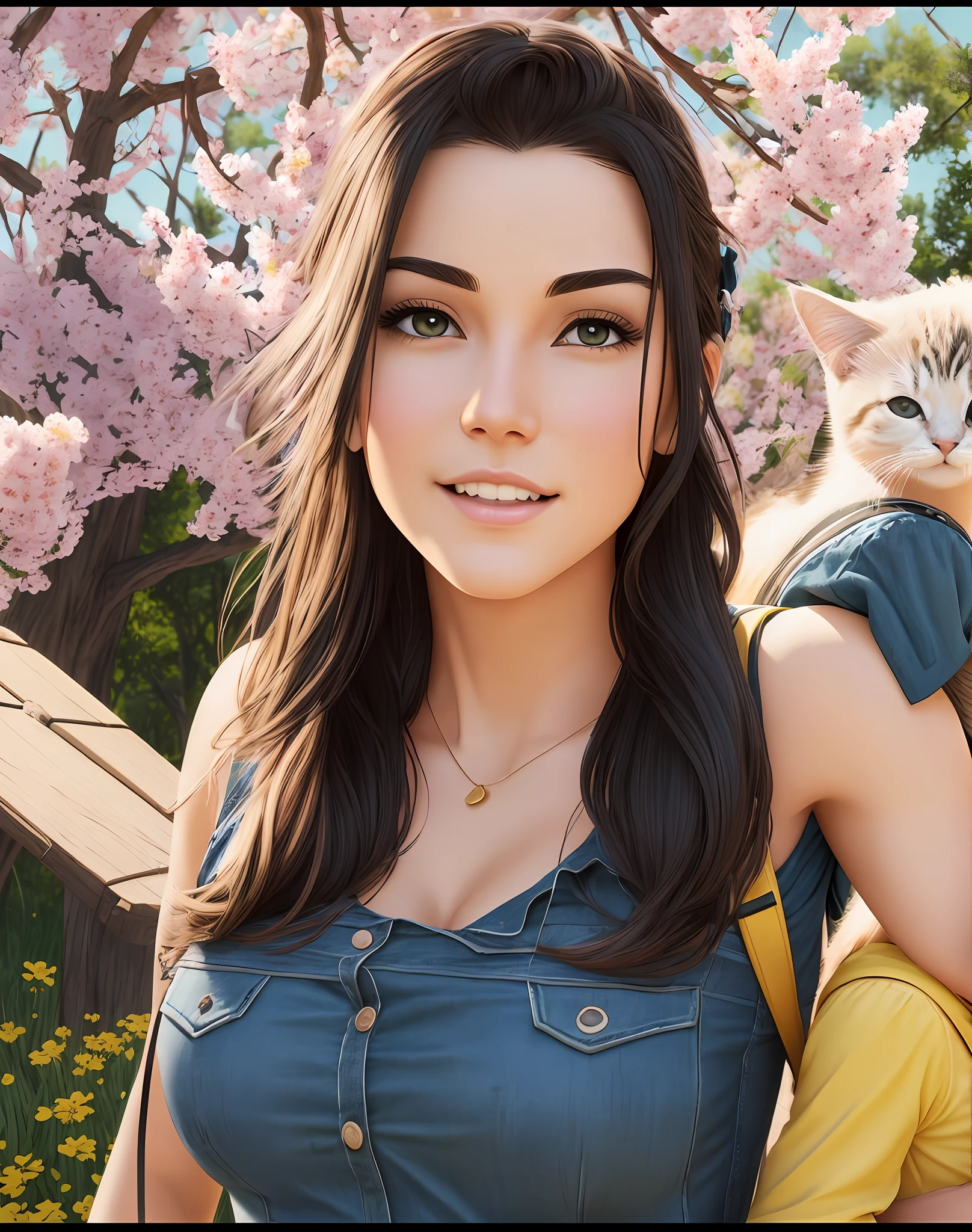 Prompt: An incredibly charming sexy pirate carrying a backpack, accompanied by her adorable kitten, enjoying an adorable spring ride surrounded by gorgeous yellow flowers and natural landscapes. The illustration is in high definition in 4k resolution, with highly detailed facial features and cartoon-style visuals. --auto --s2