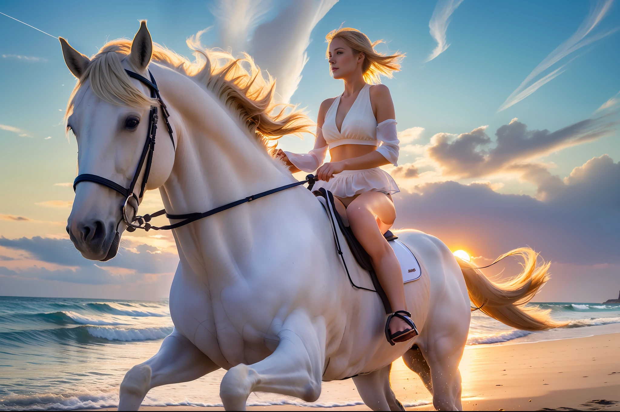 A white horse gallops on the beach in the sunset, full limbs,