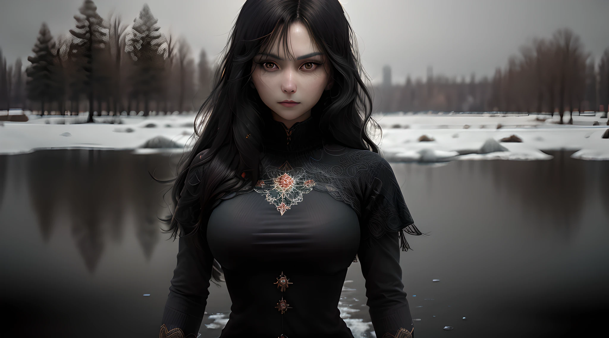 Russian woman, black hair, brown eyes, medium body, Russian style clothing darkens from cold, background of a winter landscape, high detail, cinematic lighting, ray tracing, reflection light, high quality, high details, super detail, textured skin, masterpiece, anatomically correct, 8k, 16k, best quality