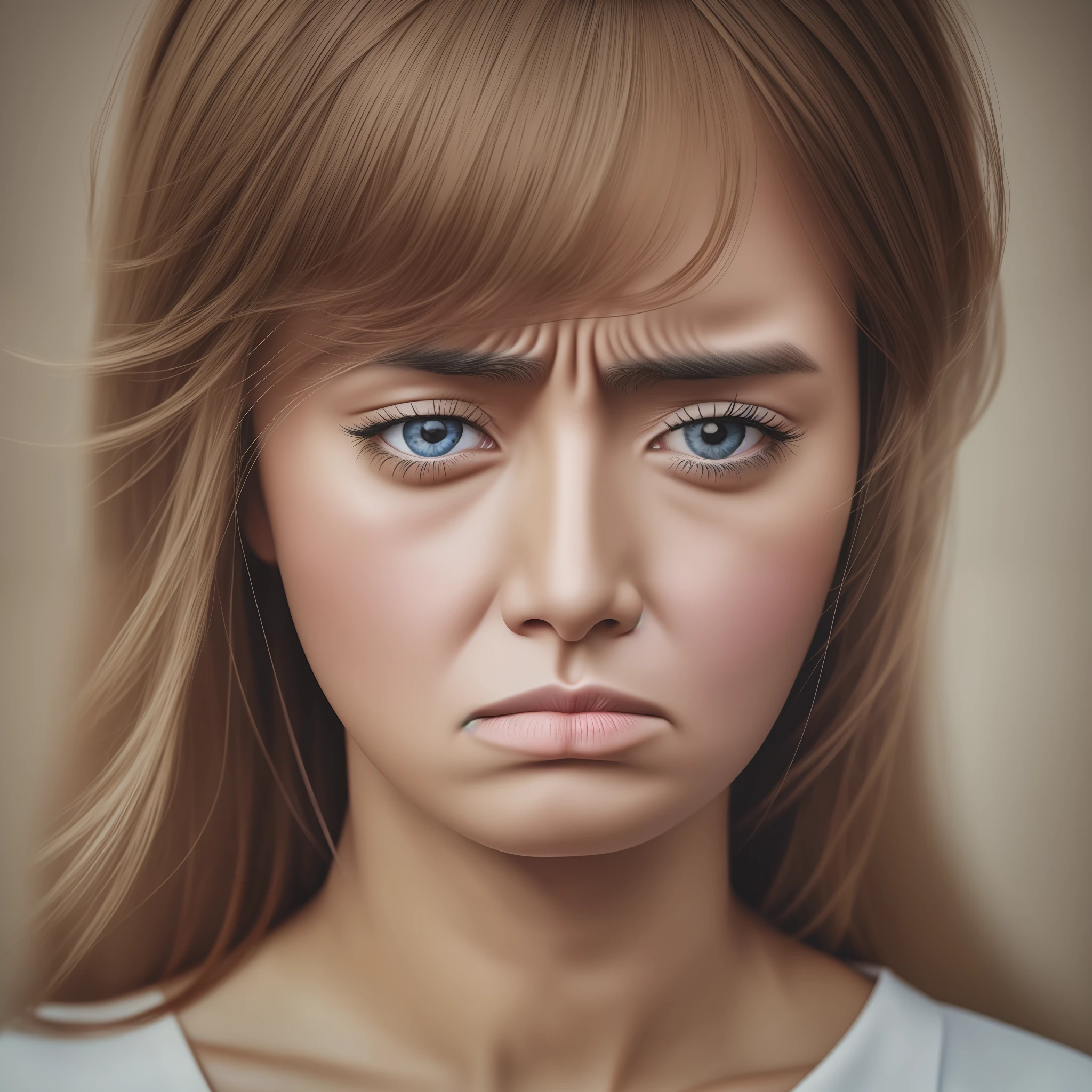 woman swollen neck and swollen eyes, sad 8k realistic, sad face, despondent, red cheeks, big mouth