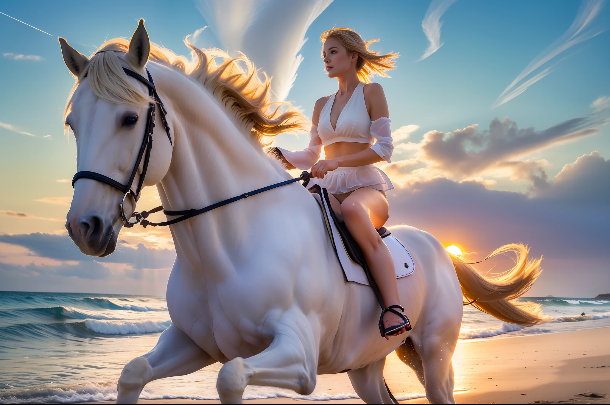 A white horse gallops on the beach in the sunset, full limbs,