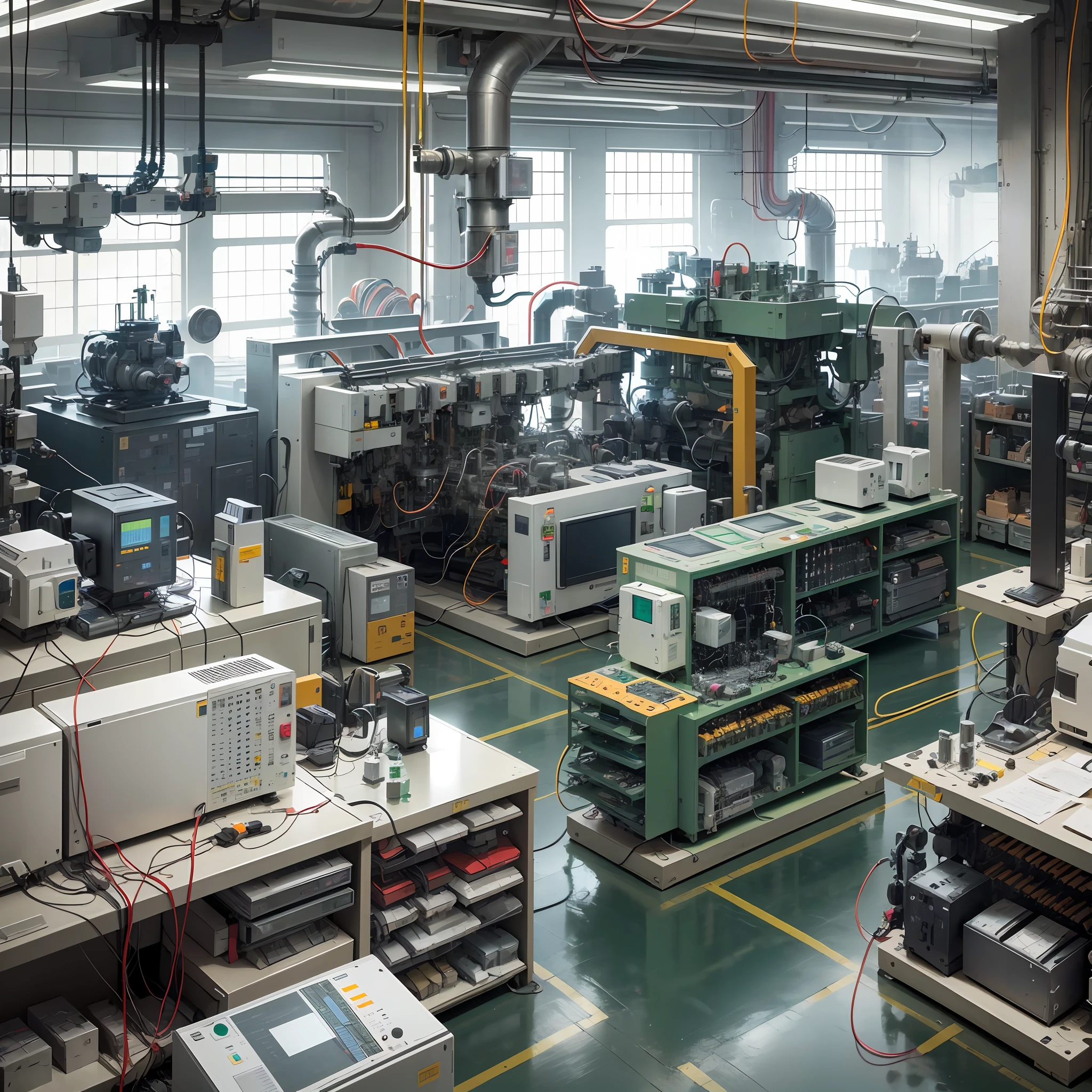 Create an image of a laboratory teaching industrial automation technologies, containing programmable logic controllers, human-machine interface, process plant, computers, robots and maximum detail. --auto --s2