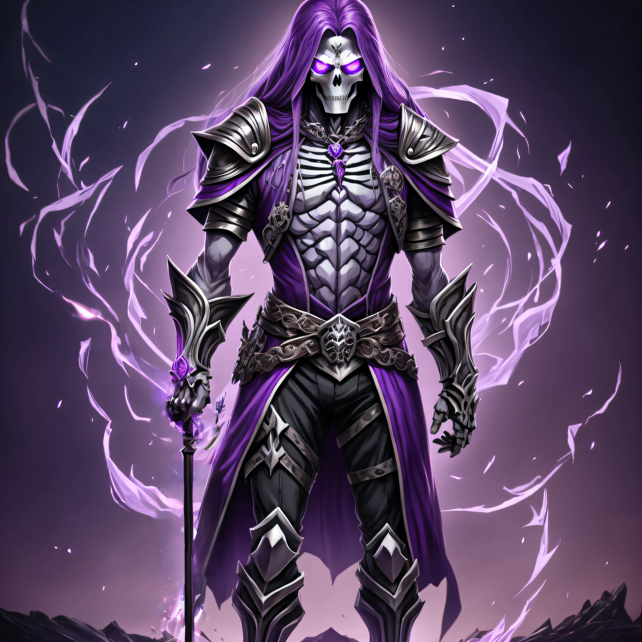 Make him hold the head of a skull made of purple crystal