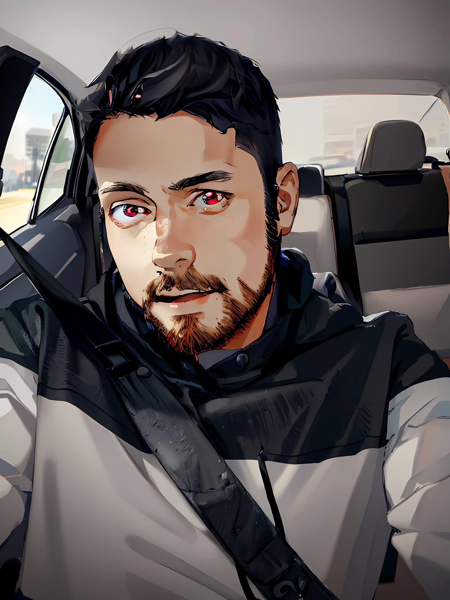 (masterpiece),(best quality:1.0), (ultra highres:1.0), detailed illustration, 8k, 1boy, anime boy, wearing eed t-shirt, smiling, detailed face, perfect face, anime eyes, detailed eyes, dark red eyes, highlights in eyes, detailed hair, black hair, highlights in hair, day time, highly detailed, anime style, vibrant, red theme