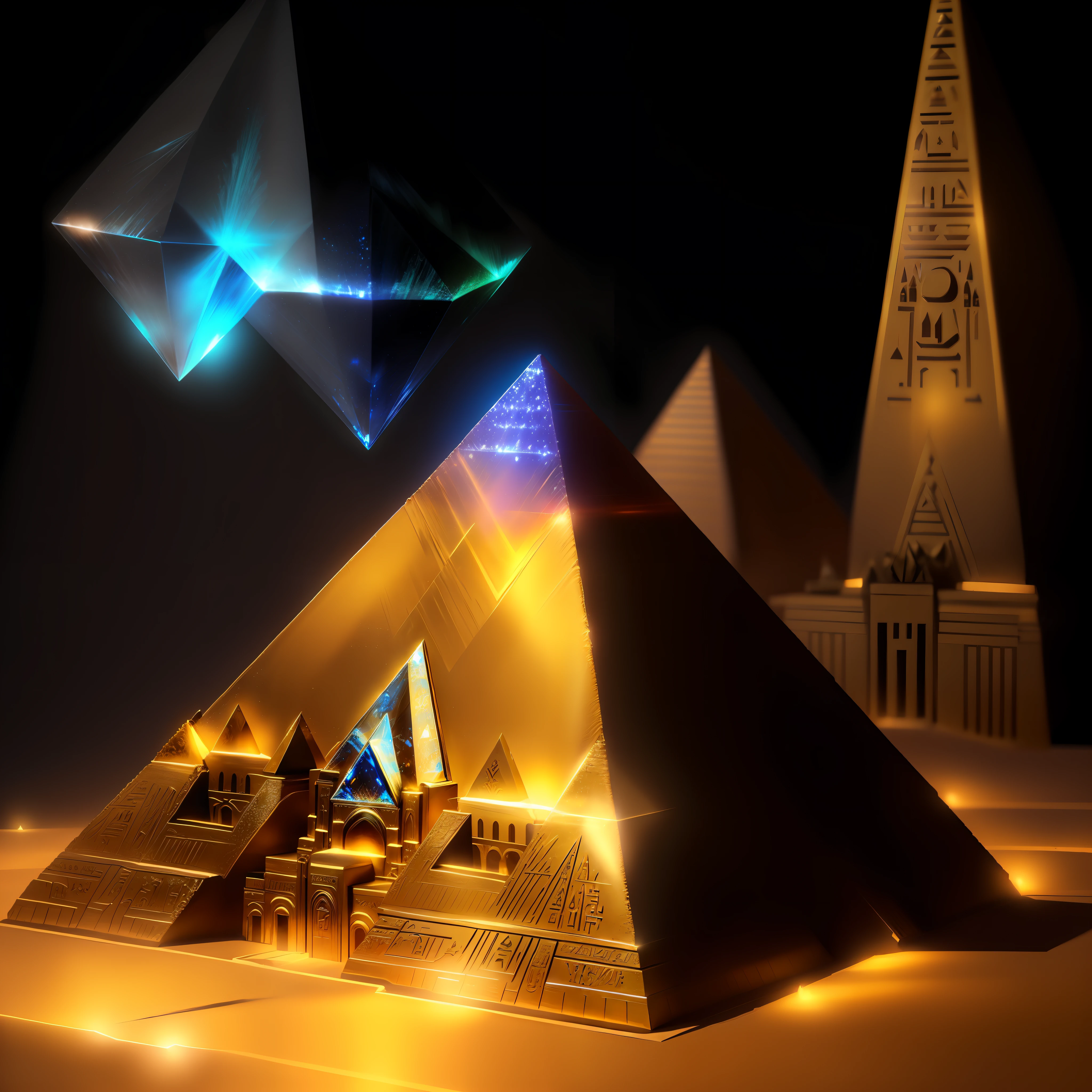 Hyper realistic Egyptian pyramid with glowing crystal on top, cinematic lighting