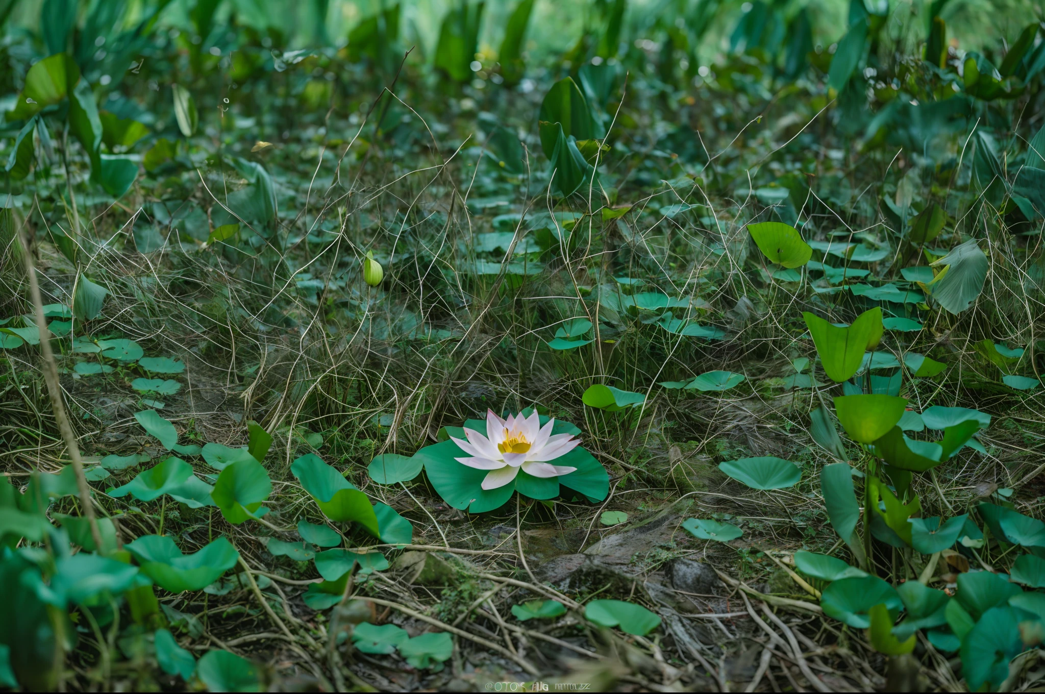 there is a single lotus that is sitting in the forest, shot on sony a 7 iii, shot on canon eos r5, shot on canon eos r 5, shot on nikon z9, shot with sigma f/ 4.2, shot with sigma f / 4. 2, shot on sony a 7, shot with sony alpha