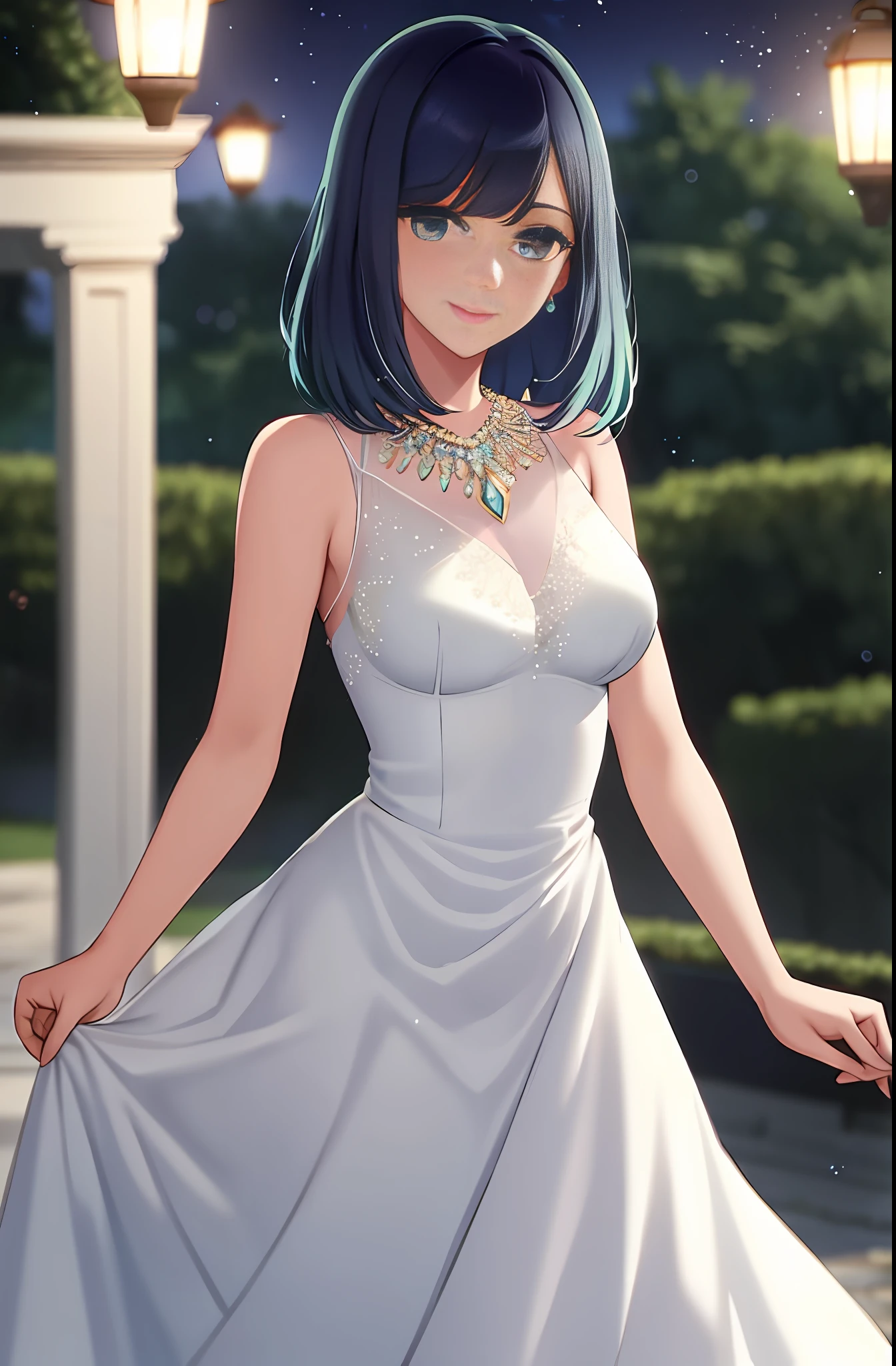 (extremely delicate and beautiful:1.2),1girl, bangs, blue eyes, blurry background, closed mouth, from front, lantern, light particles, evening gown, dress, necklace, earrings, jewelry, sleeveless, bare shoulders, looking at viewer, night, solo, upper body,smile,red lips, medium breasts, akane, medium hair, swept bangs