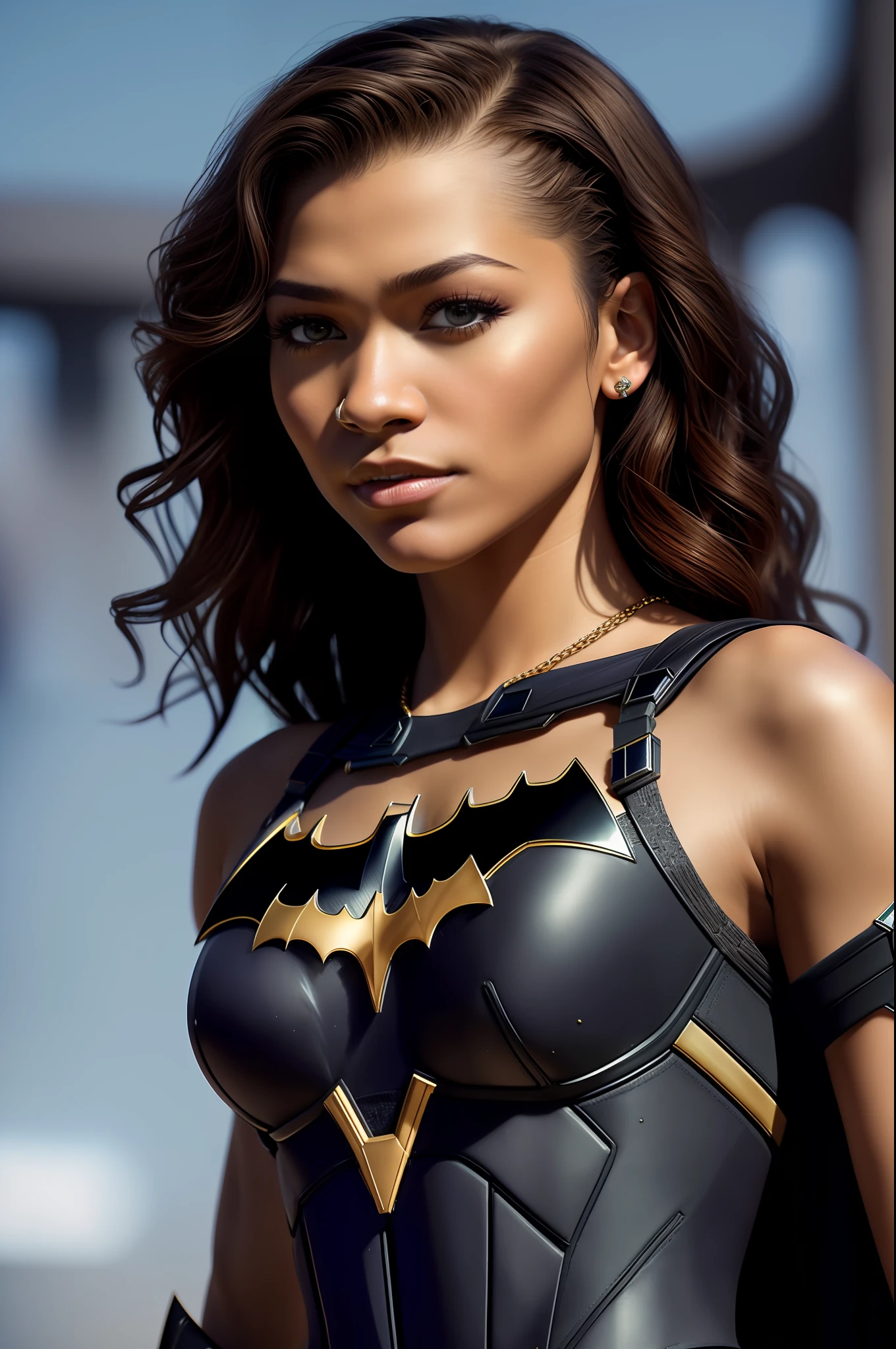 photo of zendaya a woman as a movie star, modelshoot style, (extremely detailed CG unity 8k wallpaper), Intricate, High Detail, Sharp focus, dramatic,photorealistic painting art by midjourney and greg rutkowski , (waist chain), ((Avengers in the background)), (looking at viewer), (detailed pupils:1.2), (Batman bra:1.3) , face only , dimly lit