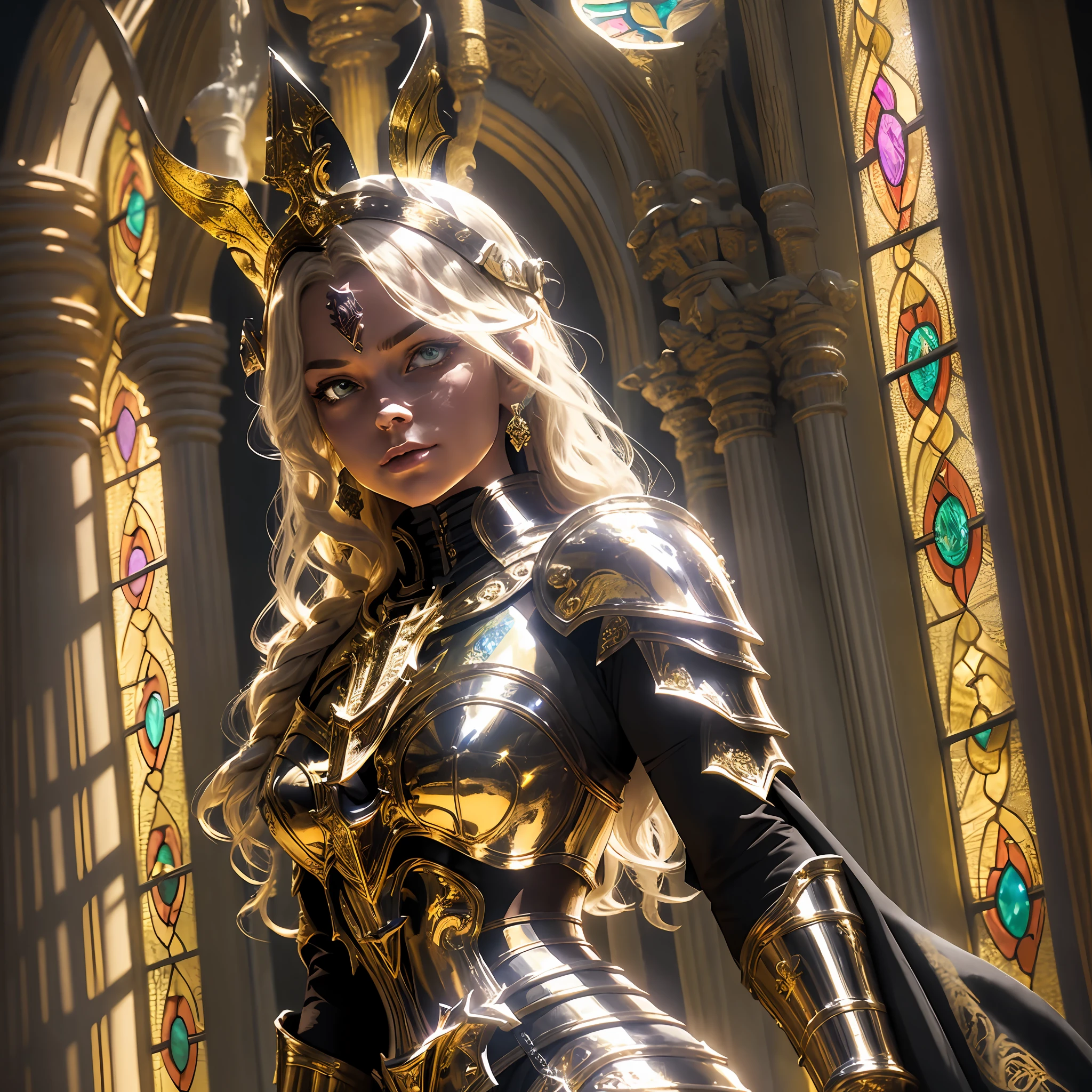 upper body of paladin lady in ornate golden armor, black collar, pauldrons, breastplate, corset, glowing halo, single braid, blonde, yellow glowing eyes, bright pupils, eye focus, red cape, temple indoors, stained glass windows, night, moonlight, particles, light beam, chromatic aberration --auto --s2