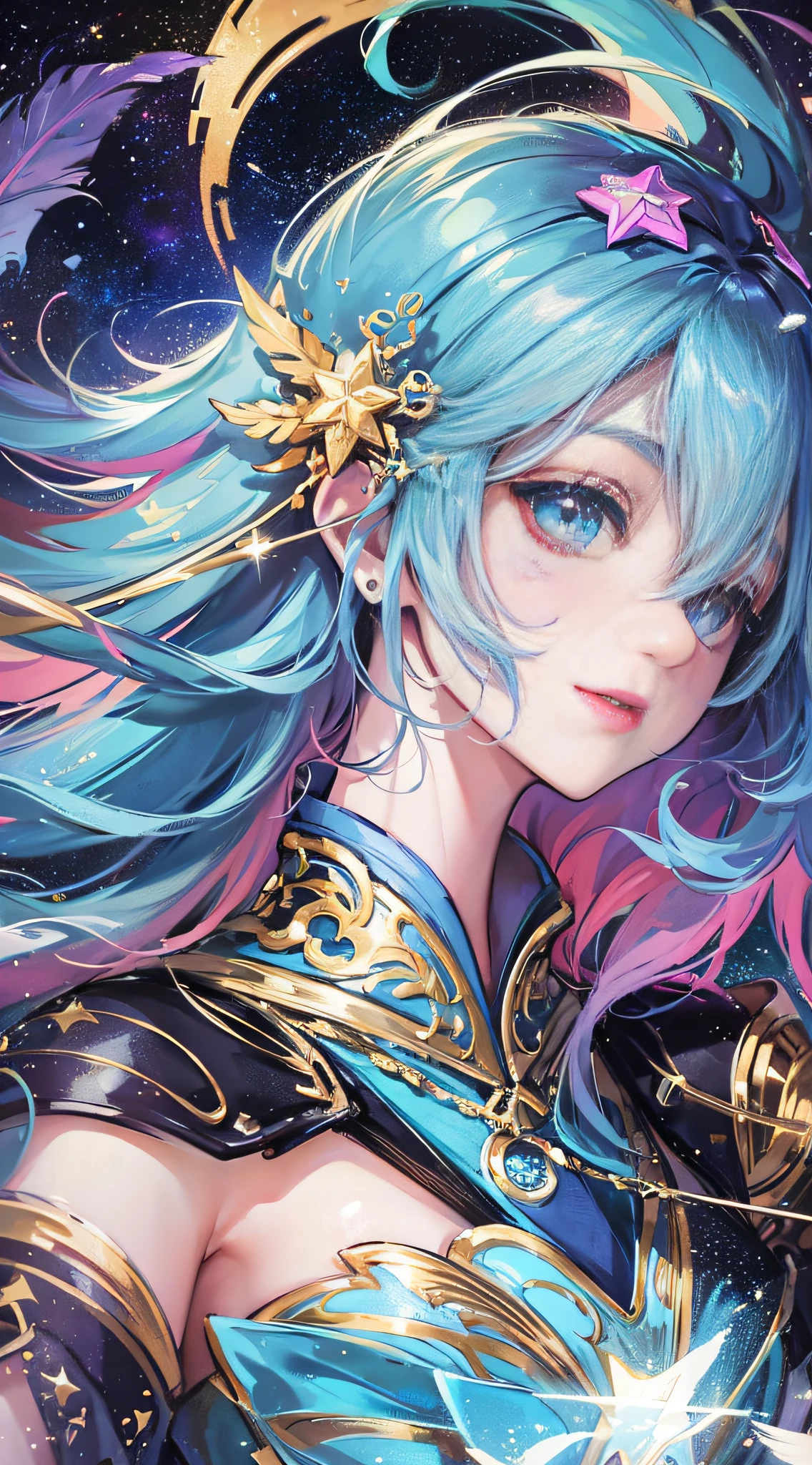 Watercolor beautiful feathers, stars, space, girl exploring space, smile, full body, sideways, fantasy illustration, perfect face, beautiful face and stars, beautiful flowing light hair, beautiful face, perfect face, perfect eyes, love, flowing dress, vivid vivid colors, intricate details, hyper detail, hyper detail, hyper quality