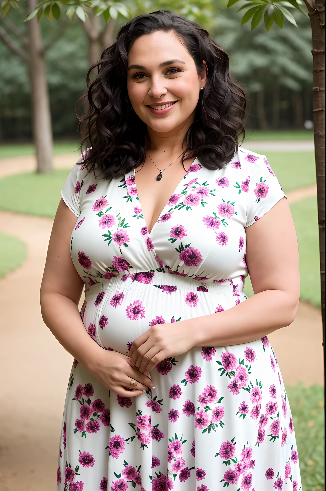 Beautiful woman, white, fat, 90 kilos, plus size, 40 years old, long curly black hair, smiling, one late afternoon, in the park, in flowered printed dress