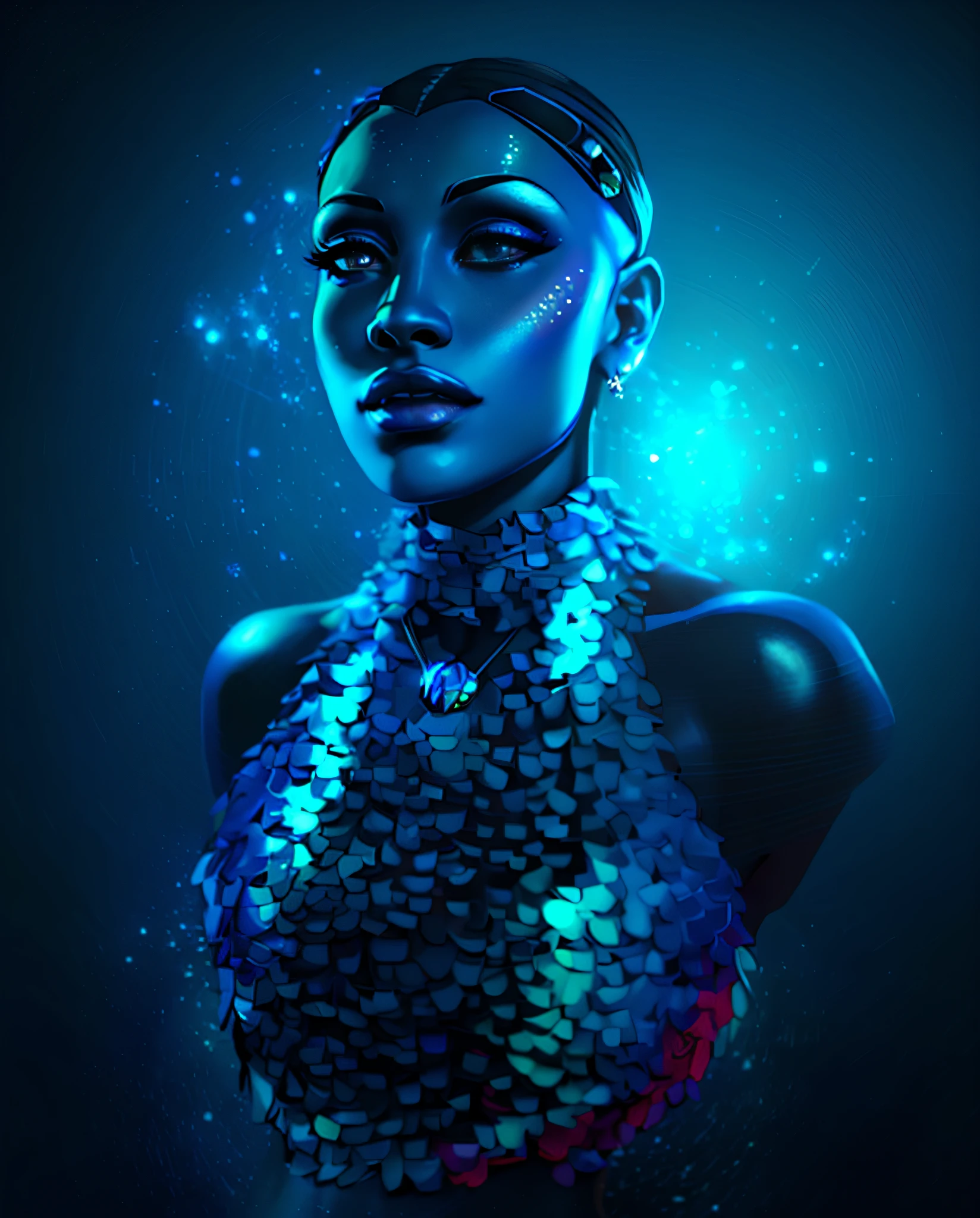 a woman with blue makeup and a blue dress with a flowered neck, blue scales covering her chest, with blue skin, dark blue skin, blue skin, rossdraws | afrofuturism, blue diamond, deep blue skin, afrofuturism, dark skin female goddess of love, portrait of black mermaid, glossy digital painting, blue body paint, wearing a dress made of water