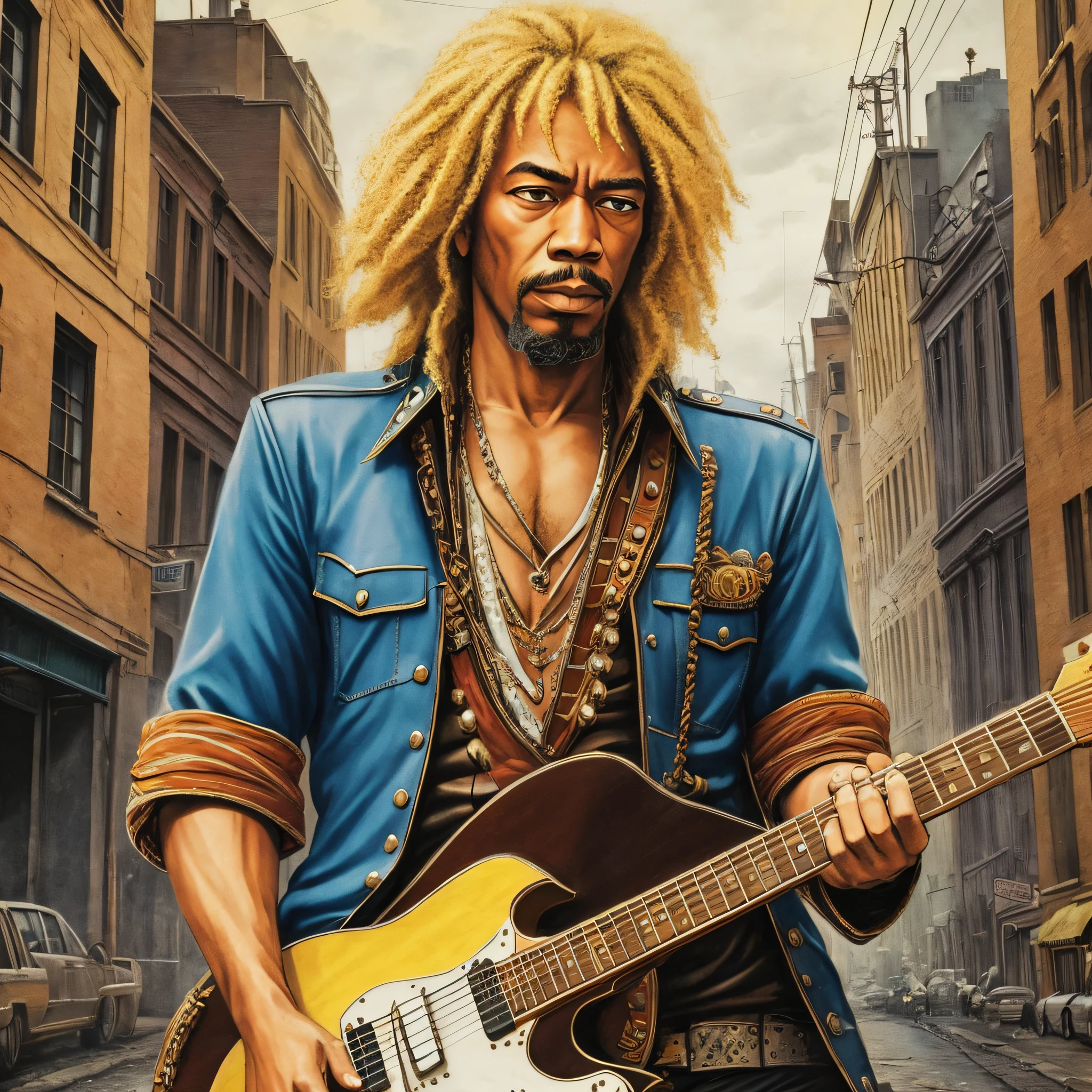 guitarist, fulfilled blonde hair, beard, jimi hendrix style clothes, vintage photo, 70's,detailed face, ,devastated city, ultra realism, 8k, best quality --auto --s2