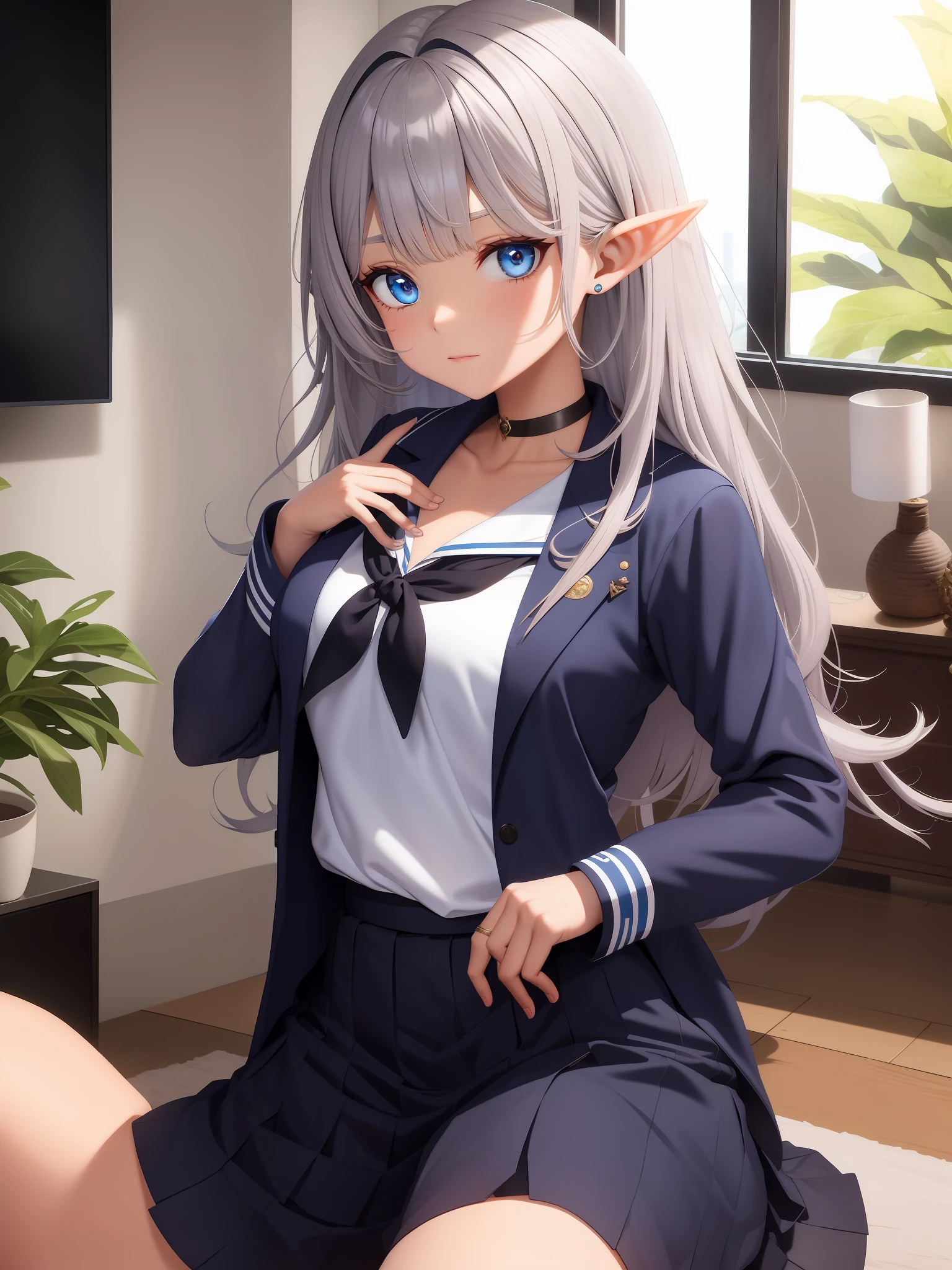 Dark Elf, Brown Skin, Silver Hair, Big, Navy Blue Sailor Suit and Pleated Skirt, Black Choker, Light Blue Eyes, Living Room, Anime Style, Girl
