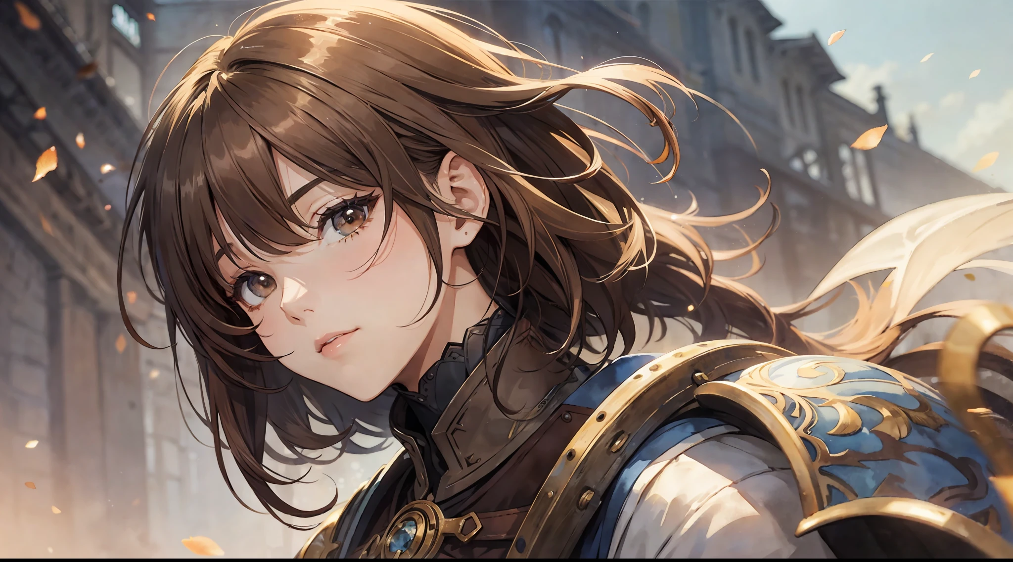 (watercolor: 1.2), warrior, bangs, brown hair, short hair, brown eyes, hair between eyes, blurred background, high resolution, large breasts, full body, fantasy, medieval --auto --s2
