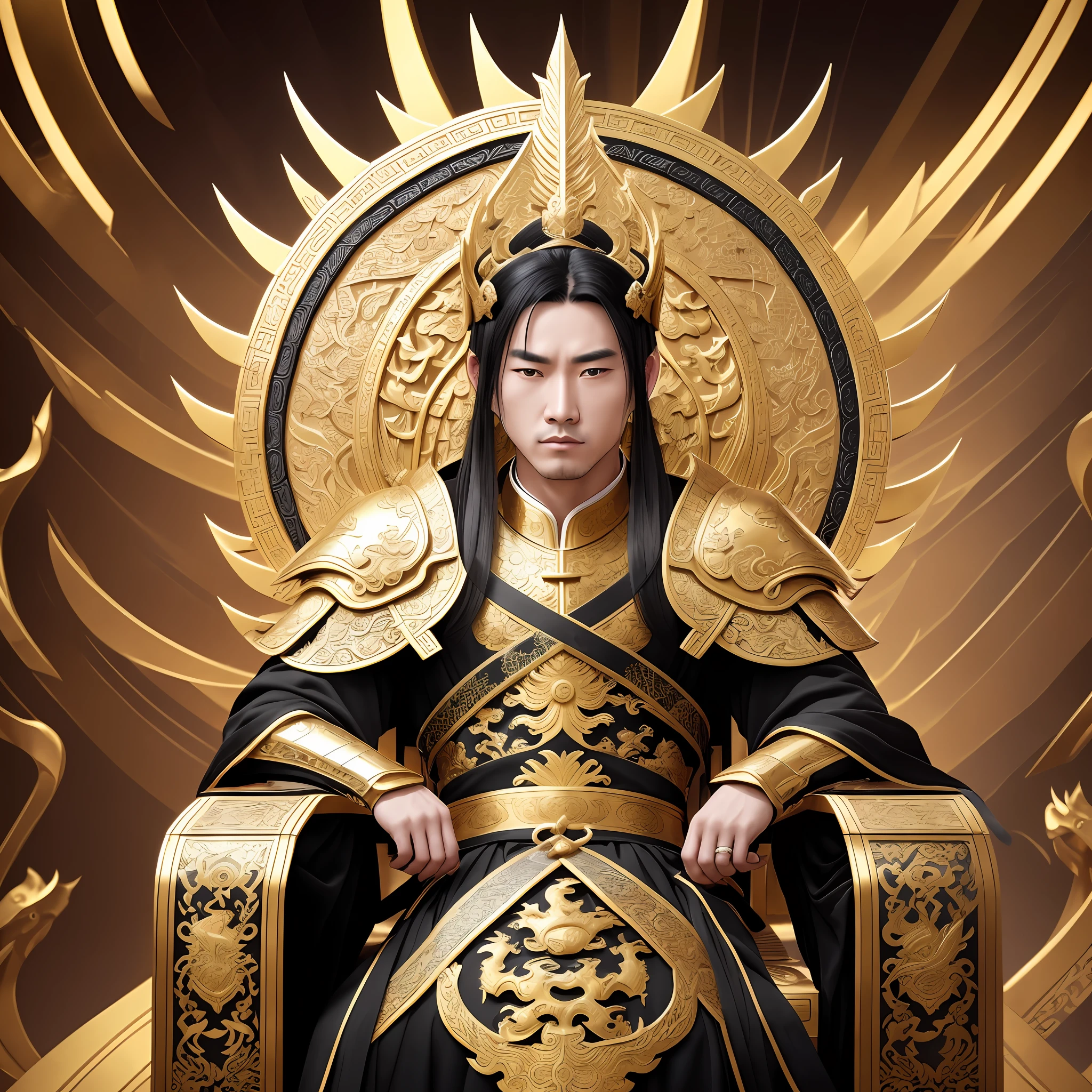 Male, Chinese style, black hair and black robe, golden throne, white feathers, black hair, golden belt, sharp eyes, indifference, golden armrest, armor, Chinese style architecture, top cloud dragon, best quality, masterpiece, color saturation, warm light, ray tracing, film light (raw photo), (realism: 1.4), 8k --auto --s2