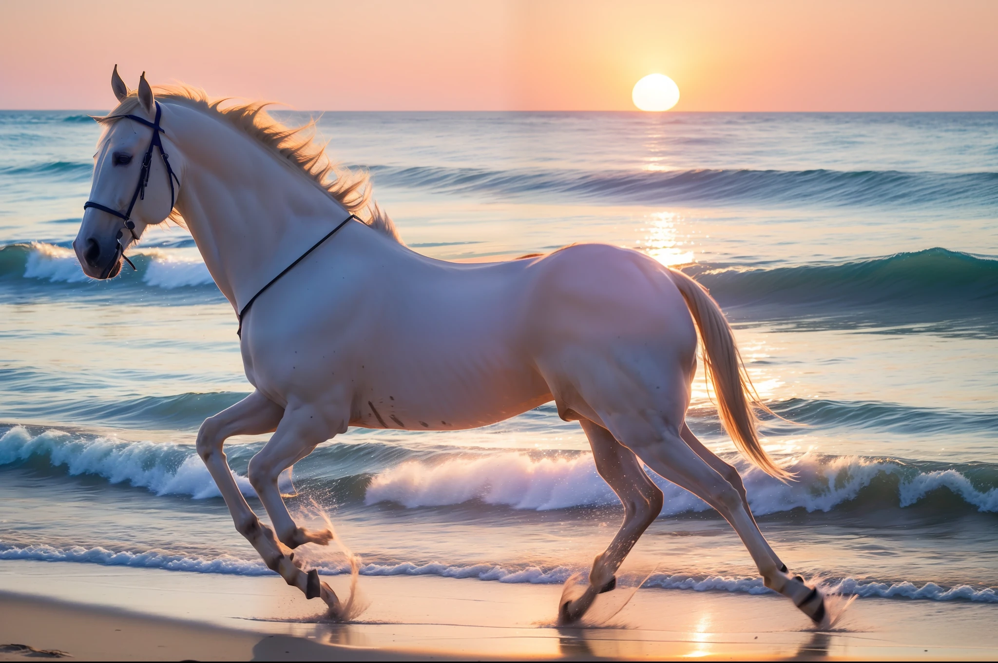 A white horse gallops on the beach in the sunset, full limbs,