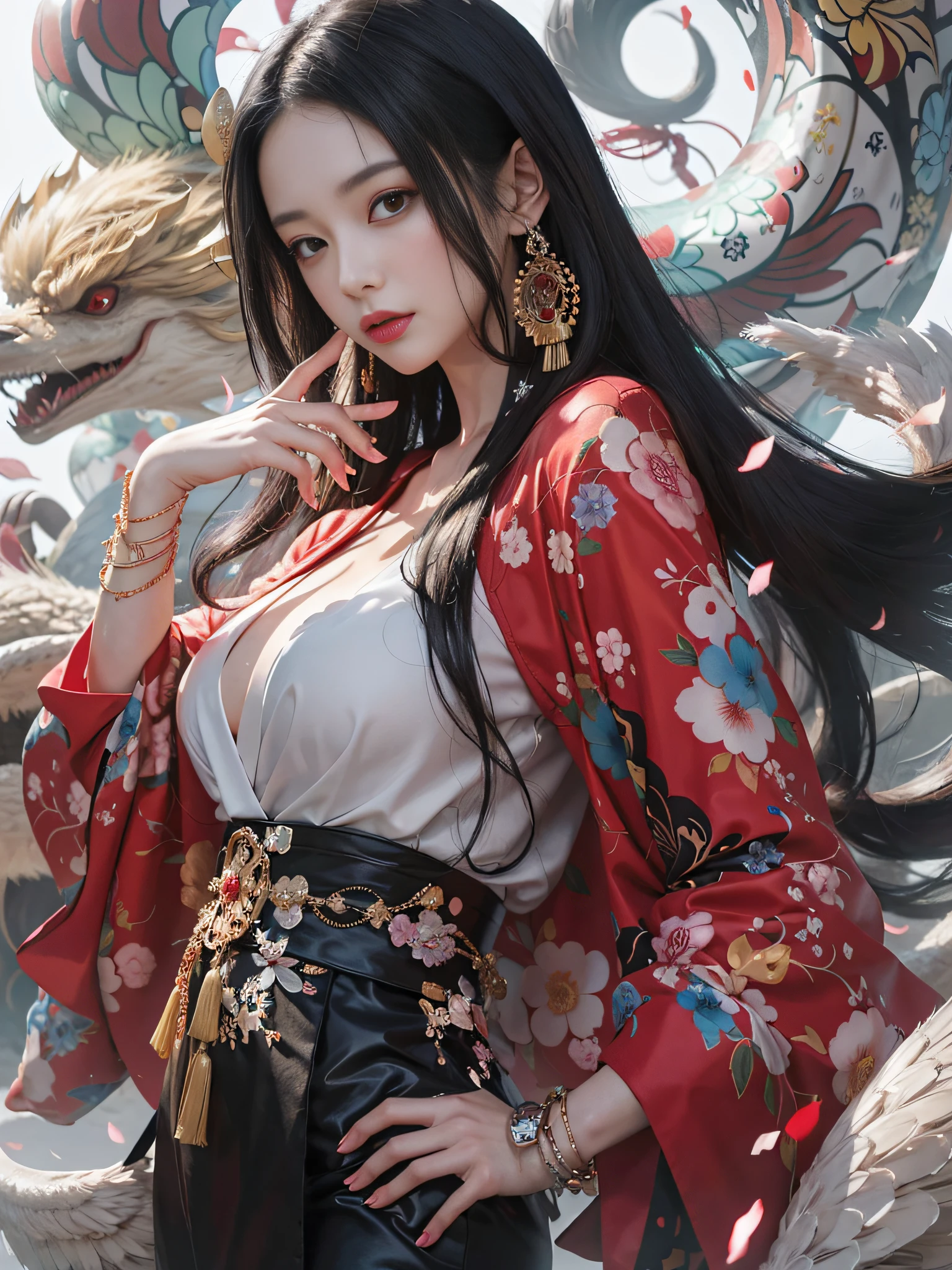 With long black hair and red kimono jacket, beautiful seductive woman, detailed digital anime art, by Yang J, Guviz, Kimono, Guwiz style artwork, beautiful anime woman, digital anime illustration, clean detailed anime art, art germ. Anime illustration, extremely detailed artistic germ