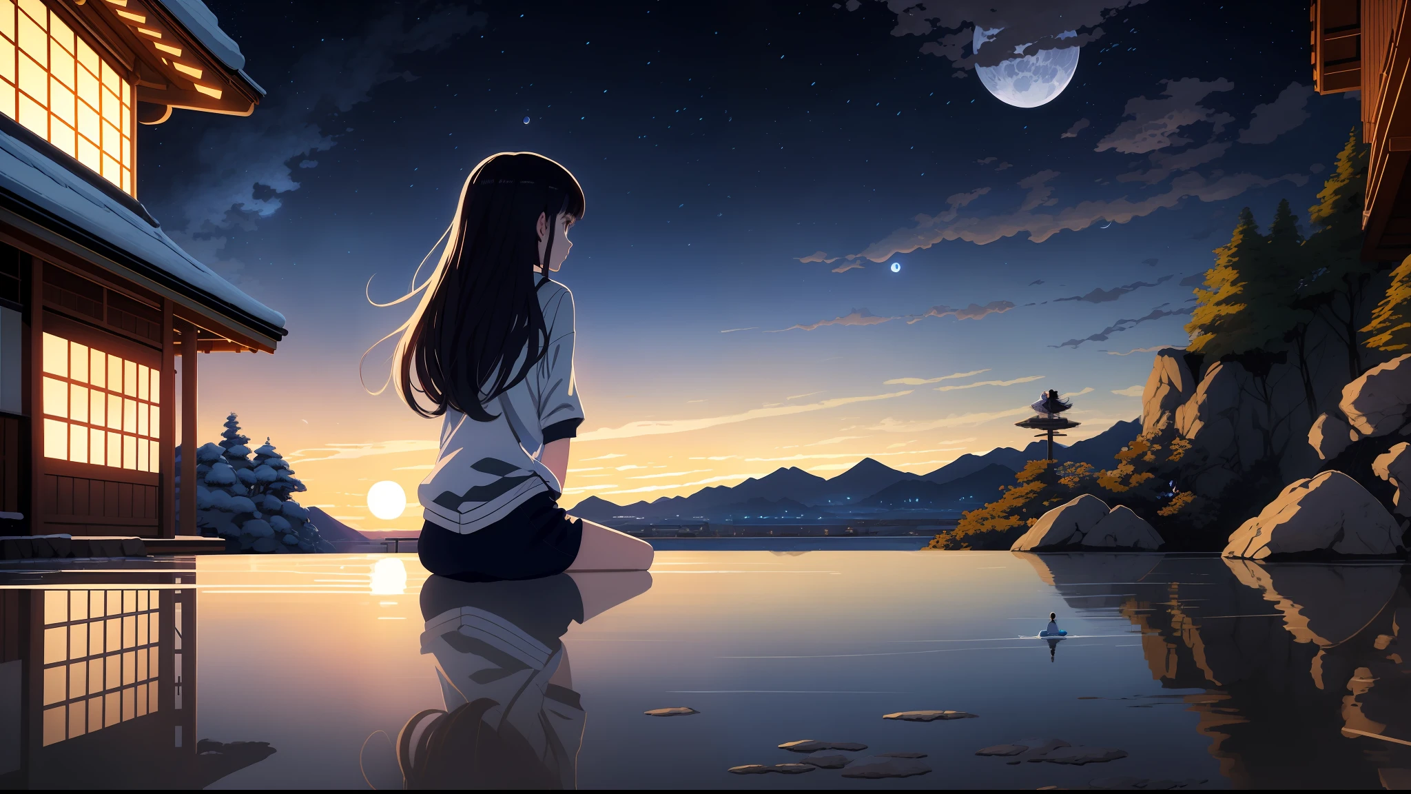 masterpiece, best quality, highres, absurdres, ultradetailed, astonishing, wonderful, awesome, peaceful, relaxing, beautiful, highly detailed , 1girl, looking at the sky, (from behind:1.1), bent over forward onsen, steam, night sky, bright moon, by artist makoto shinkai, Krenz Cushart, Ilya Kuvshinov