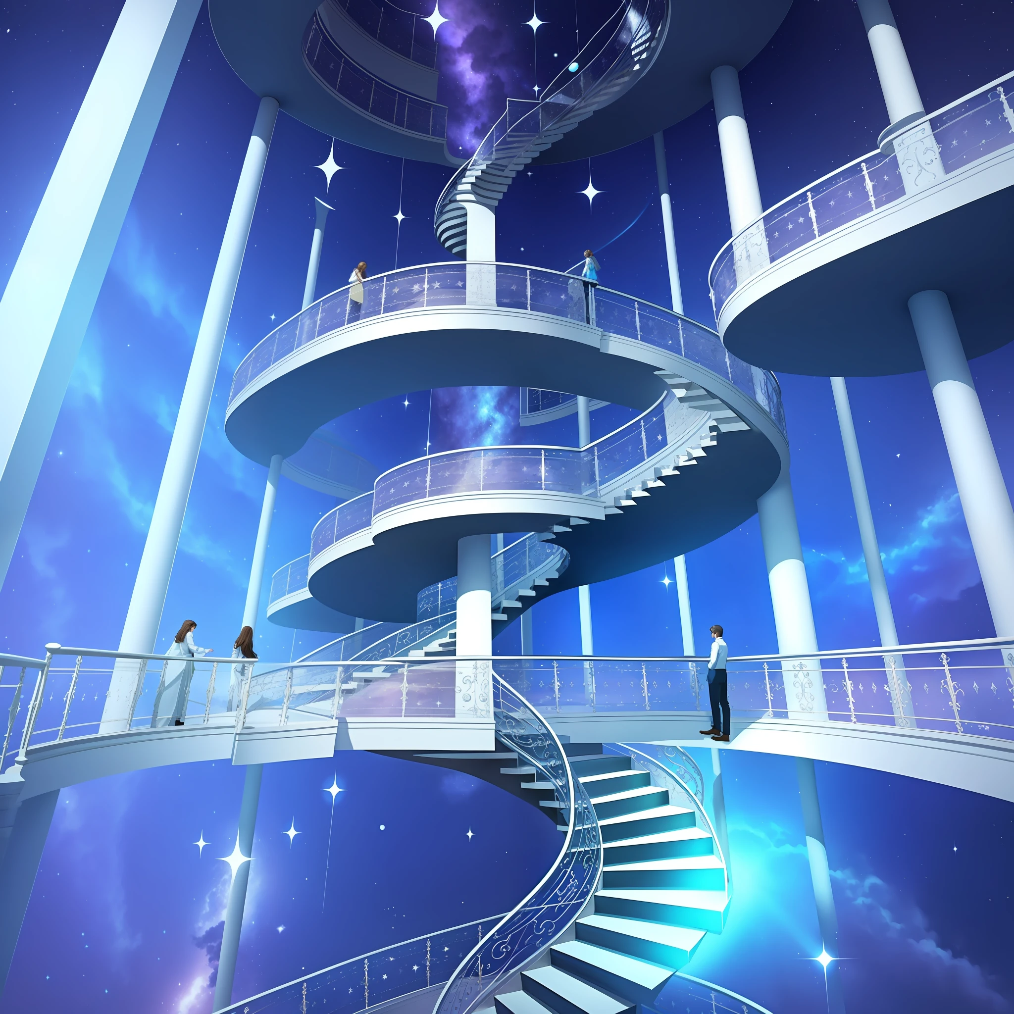 Two figures, a man and a woman. Good couple.
Men have light movements and cheerful expressions. The man's hair is short and fluttering in the wind.
Women have a gentle smile and a soft atmosphere. The woman's hair is long and dancing as she climbs the spiral staircase.
The spiral staircase emits light. Fantastic atmosphere. The staircase shines white and has a clear glass or crystal texture.
Outside the stairs, there is a flowing light in shades of blue and purple, and you can see the stars of the universe and mysterious pillars of light.
The stairs gradually widen upwards, and the protagonists climb the middle of it. The staircase railings are simple and reflect the glow of light.
The background is blue sky and outer space. The sky is a deep blue with shining stars. Also, some of the clouds are drifting around the stairs.
Around the stairs that men and women continue to climb, brightly colored flowers and plants are in full bloom.