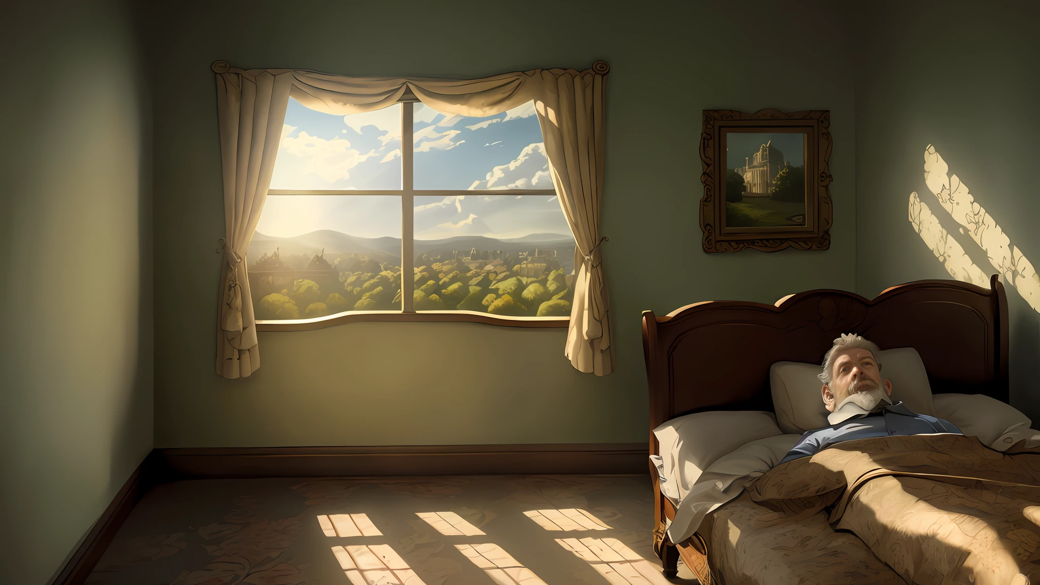 masterpiece, Highly detailed, super realistic, 4k, 8k, detailed background, bright Lighting, Daylight, Victorian style,
(sanatorium), (windows and curtains), (bed), (man sleeping on his back in bed)