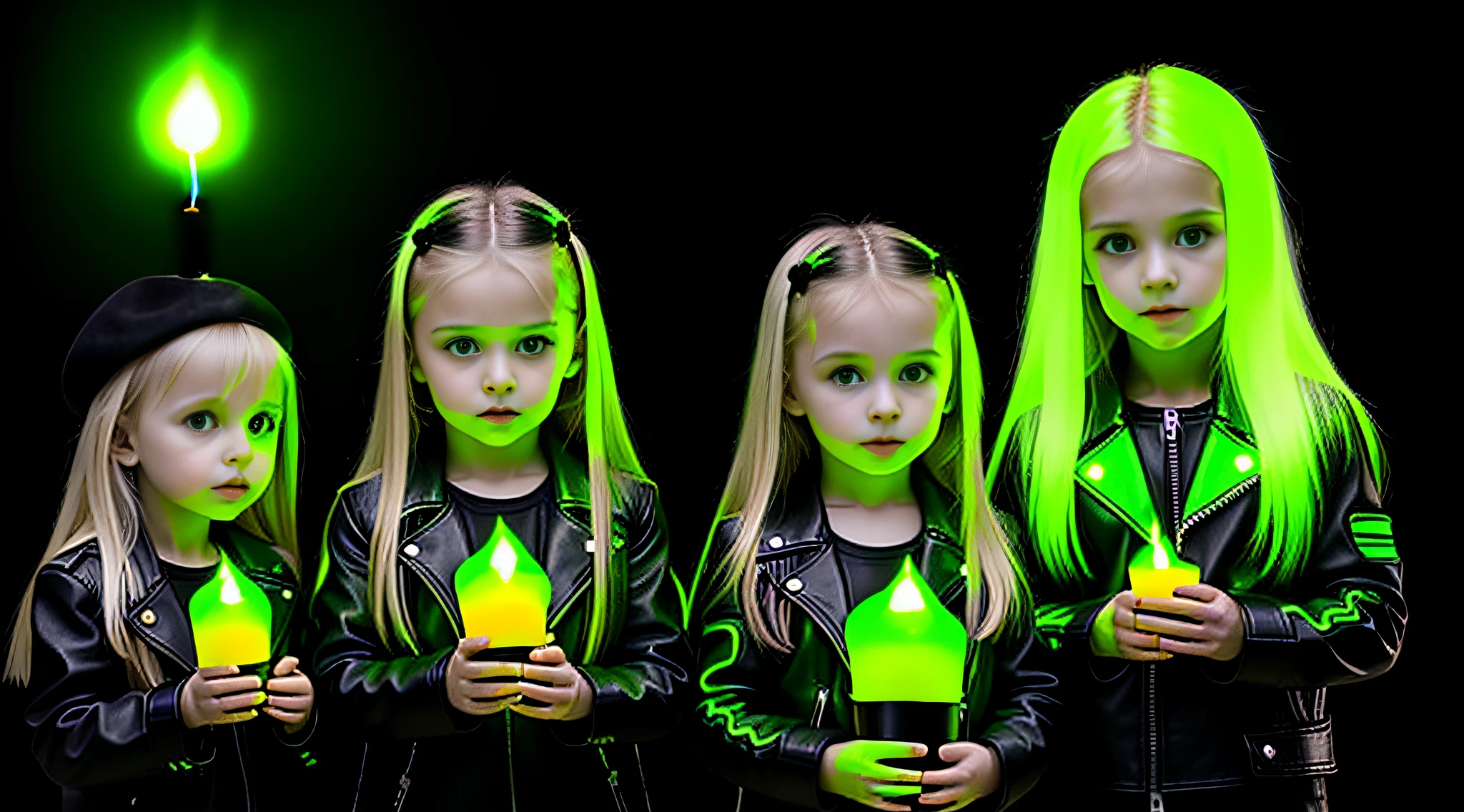 3 Russian girls with 10 yearsONG STRAIGHT HAIR blonde, black leather jacket and black clothes,candles with fire, PORTRAT STYLE, a green glow, detalized background of green glow, green glow, green ambient light, bright green, radioactive glow green, neon green, sickly green colors.
