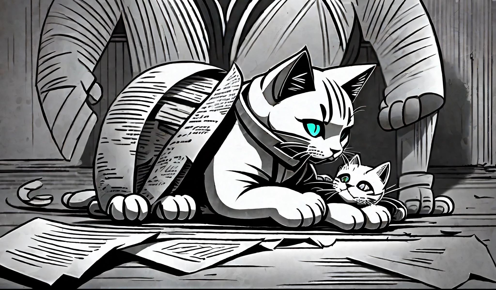 ((cartoon style:1.1, monochrome:1.1), a cat and dog made of trash fighting), 110 paper on his collar --auto --s2