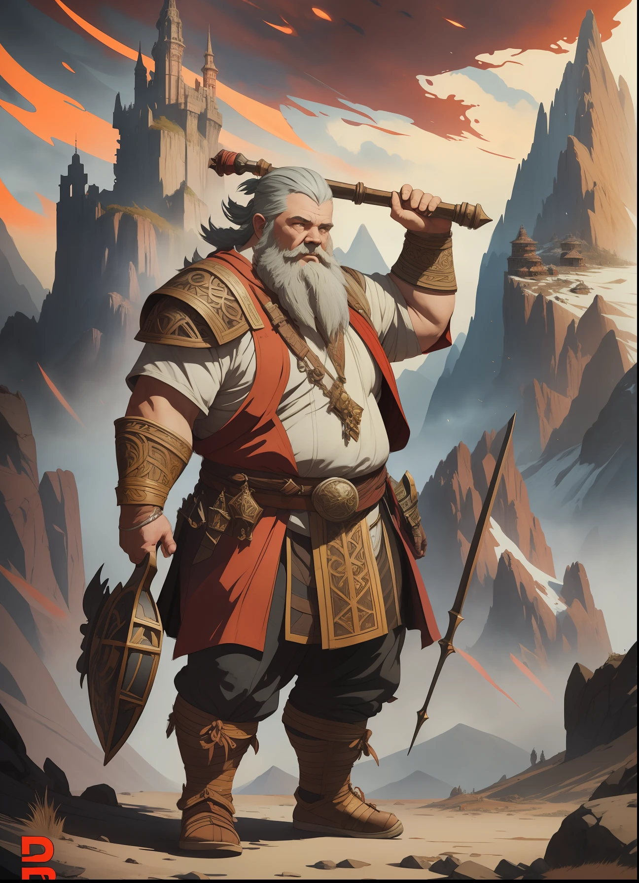 old dwarf rpg character, red clothes, full body strong and fat, light hair, line art watercolor wash, very lit mountain background, abstract beauty, approaching perfection, pure form, golden ratio, minimalistic, unfinished, concept art, by Brian Froud and Carne Griffiths and Wadim Kashin and John William Waterhouse, intricate details, 8k post production, high resolution, hyperdetailed, trending on artstation, sharp focus, studio photo, intricate details, highly detailed, by greg rutkowski