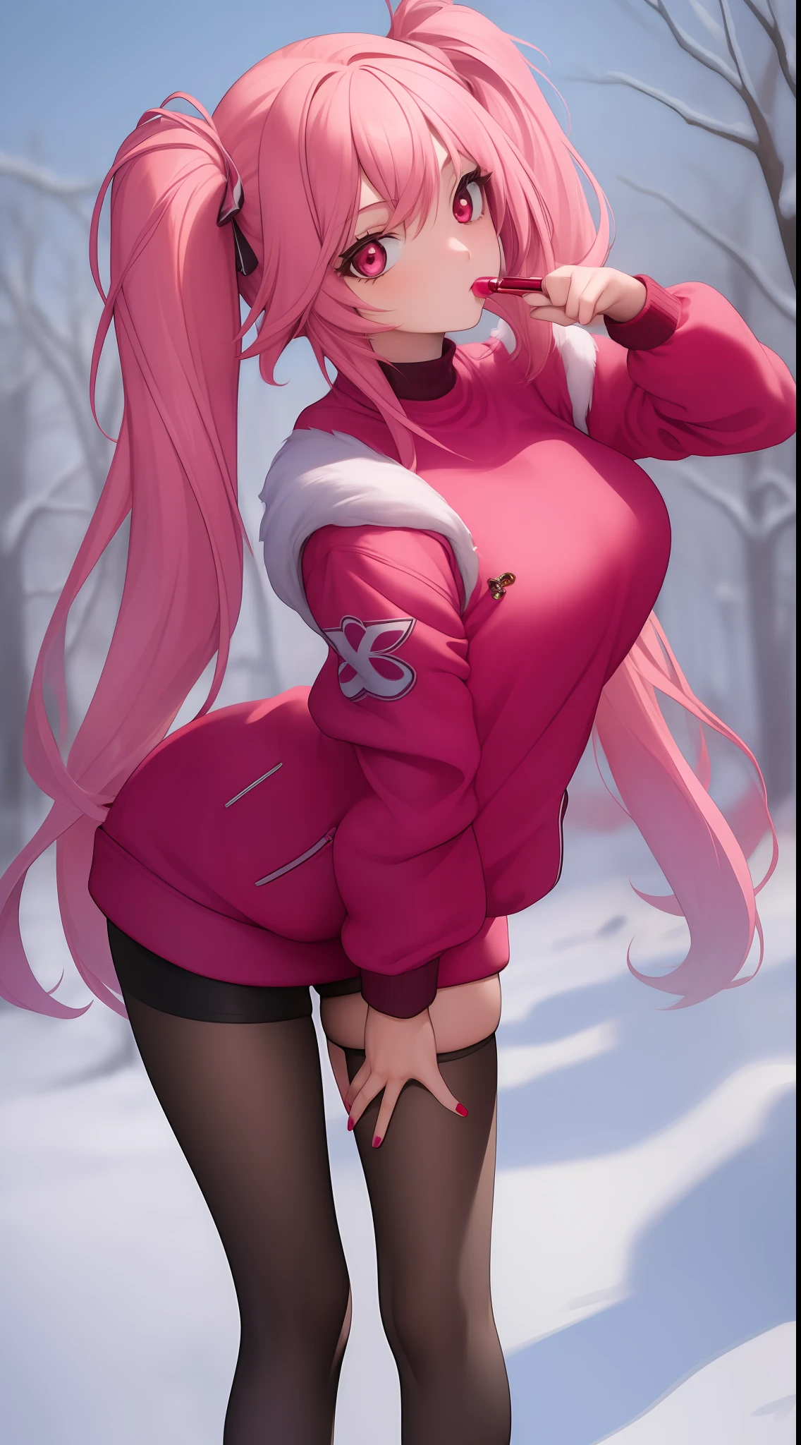 ((masterpiece)), (best quality), (detailed), 1girl,
looking at viewer,  (lipstick:0.75), leaning forward,
long pink hair, twintails,
colorful thighighs,
winter, vivid colors,