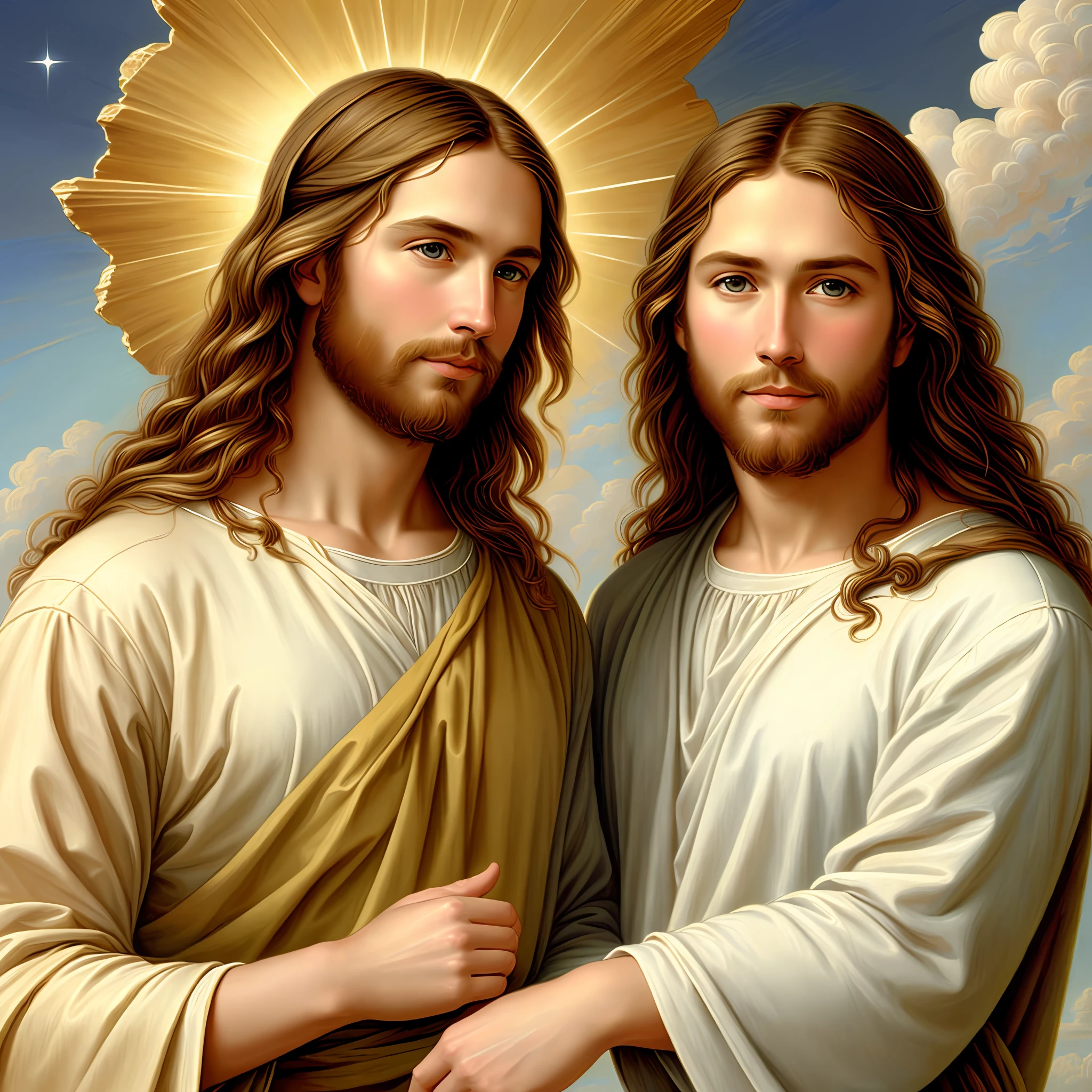 Jesus Christ, Christian art, high quality, highly detailed, (heavenly bodies), painting, in the style of Greg Olsen