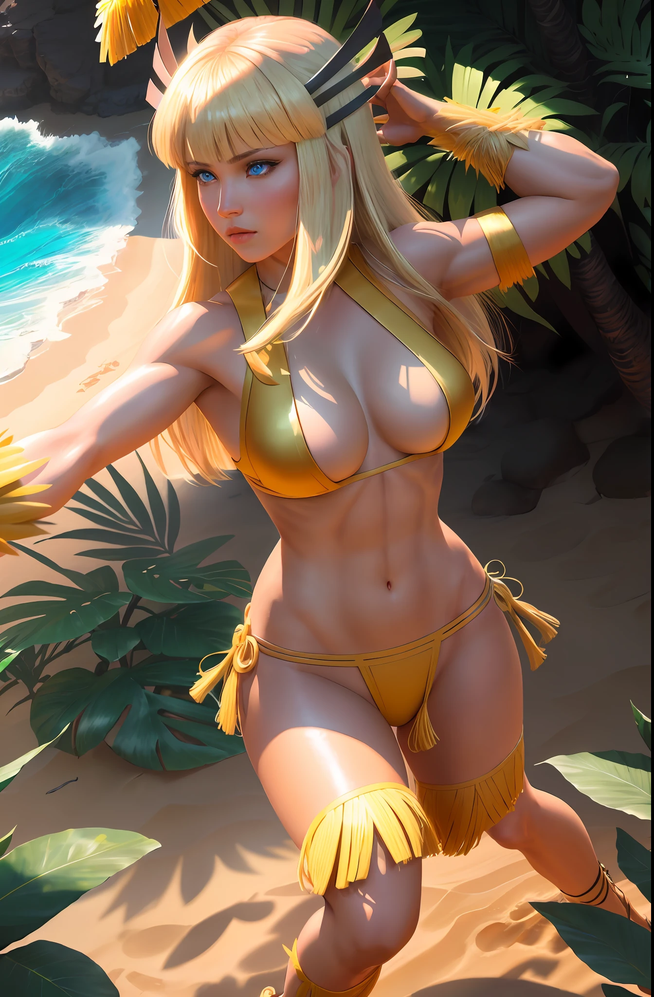 Magik (from x-men, perfect blue eyes, long blonde hair with bangs, medium breasts, strong toned body:1,4), ((dancing hula in Hawaii, wearing a sexy Kupe:1,4)), masterpiece:1,2, best quality:1,2, ultra-detailed:1,2, CG illustration, high resolution:1,2, better lighting, better shadow, extremely delicate and beautiful, proper shading, HD, 8k, ray tracing