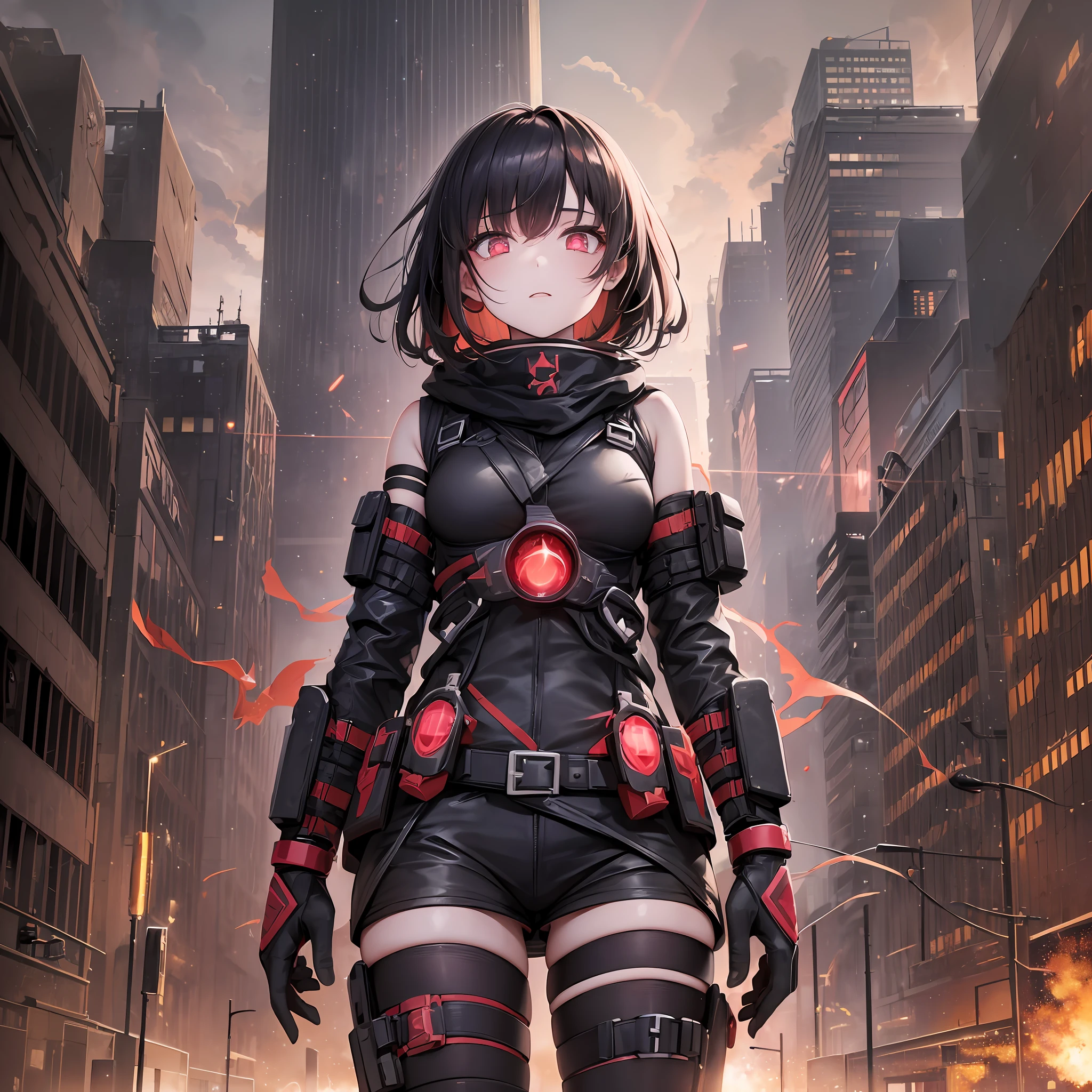 1girl, Ruby, inside (( The explosion detonates with a brilliant burst of light illuminating the darkened sky )), Dystopian metropolis, detailed pupils, high quality, absurdres,