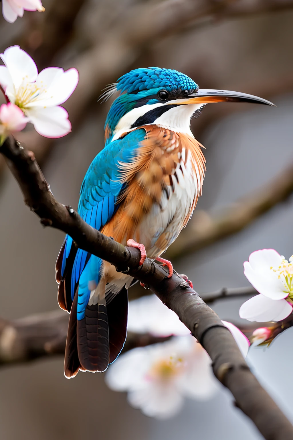 Superb Kingfisher Near White Cherry Blossoms on Branches, Dark, Dawn, (Cold Morning: 1.1), (Morning Dew: 1.15), Realistic Photography, (Low Photo: 1.2), Detail, 8K, Intricate Folded Feathers, Water Droplets on Feathers, (to8contrast style), (MIST: 0.7), Bright Colors, Sony a6600 Mirrorless Camera, embellish2