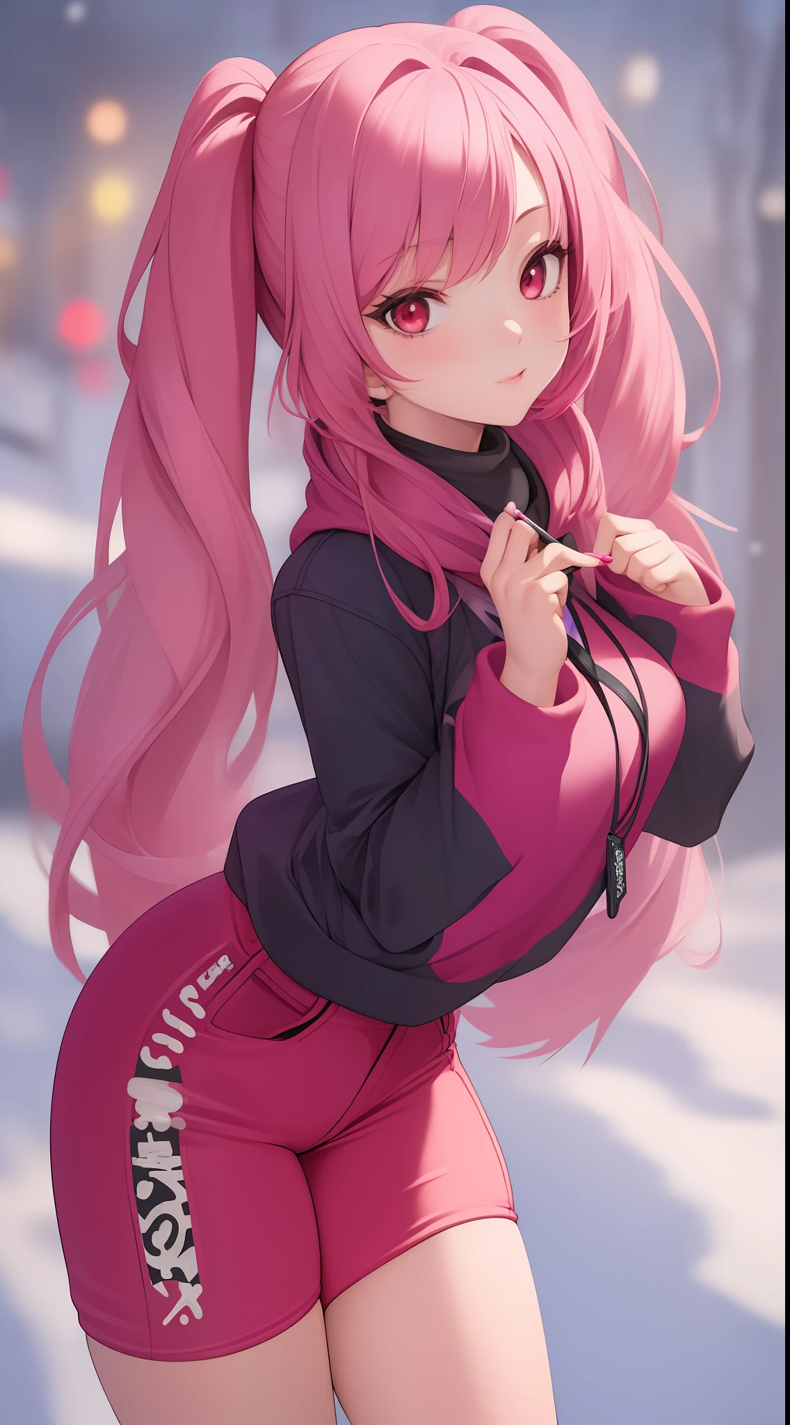 ((masterpiece)), (best quality), (detailed), 1girl,
looking at viewer,  (lipstick:0.75), leaning forward,
long pink hair, twintails,
colorful thighighs,
winter, vivid colors,