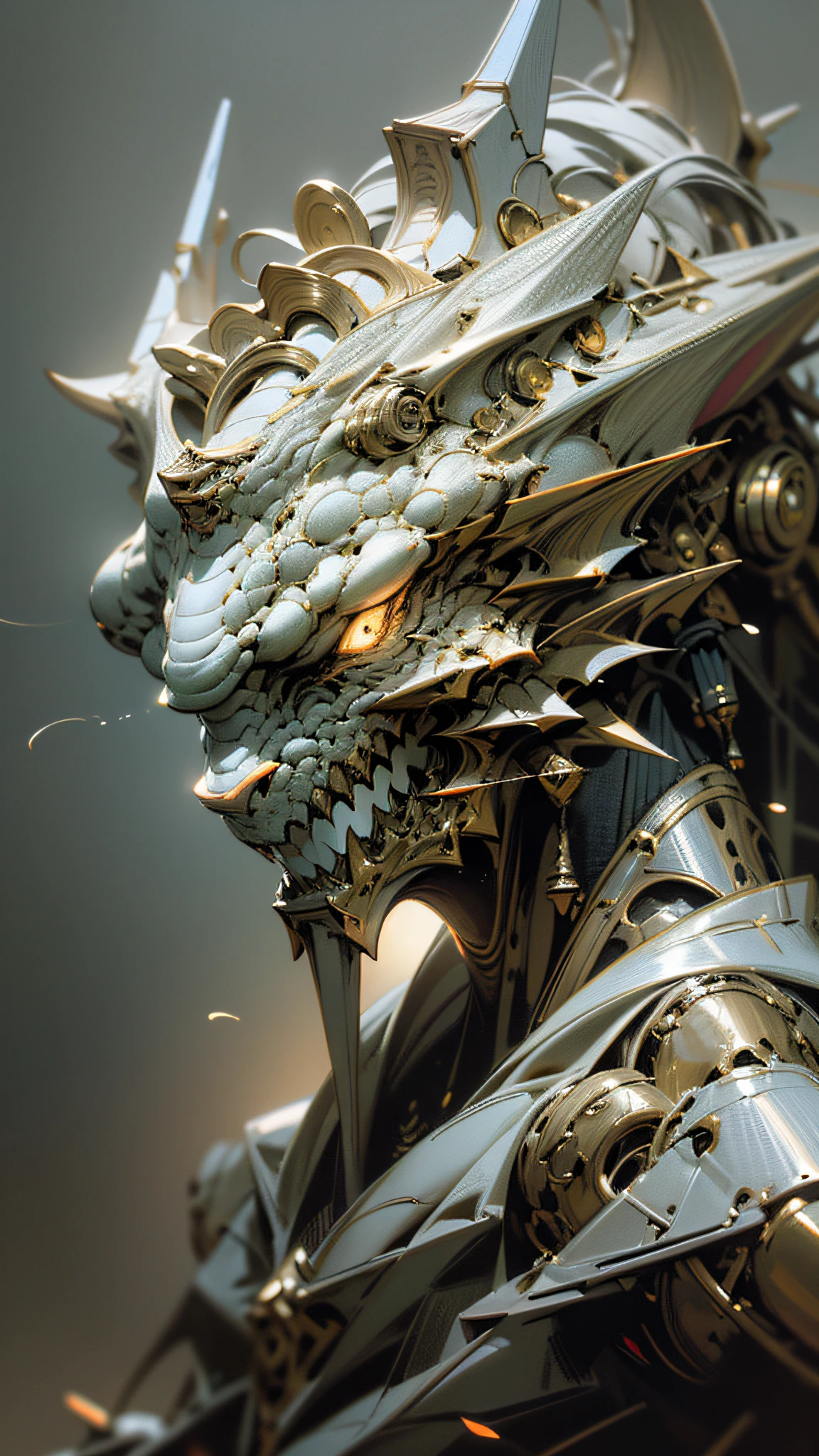 (Realistic:1.5), (Photorealistic:1.2), detailed, render, epic, biomechanical dragon, helmet, white plastic, diffuse lighting, dynamic pose, intricate, elegant, (dynamic background), highly detailed, elegant, sharp focus, photo by greg rutkowski, soft lighting, vibrant colors, IvoryGoldAI (battlefileds:1.2)