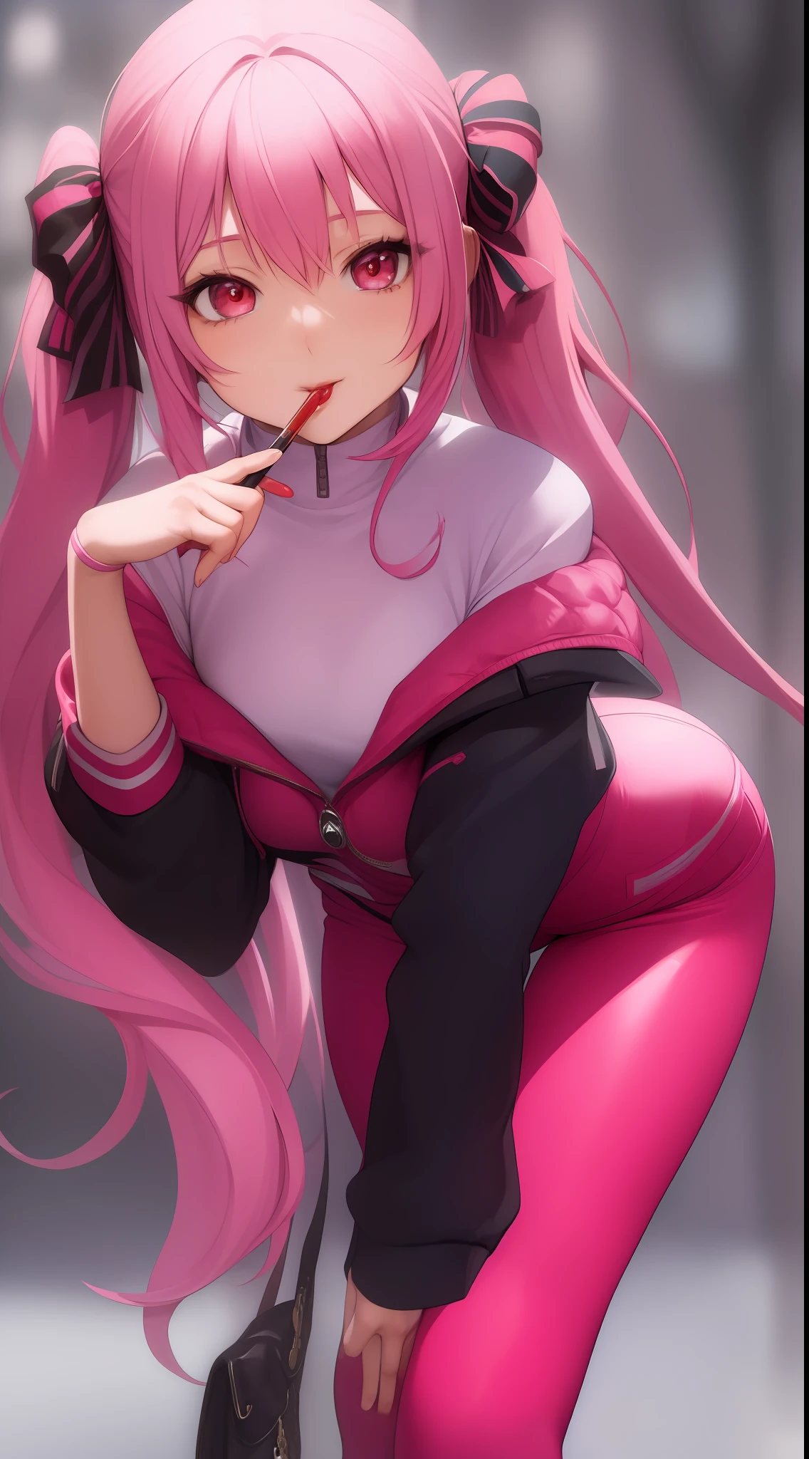 ((masterpiece)), (best quality), (detailed), 1girl,
looking at viewer,  (lipstick:0.75), leaning forward,
long pink hair, twintails,
colorful thighighs,
winter, vivid colors,