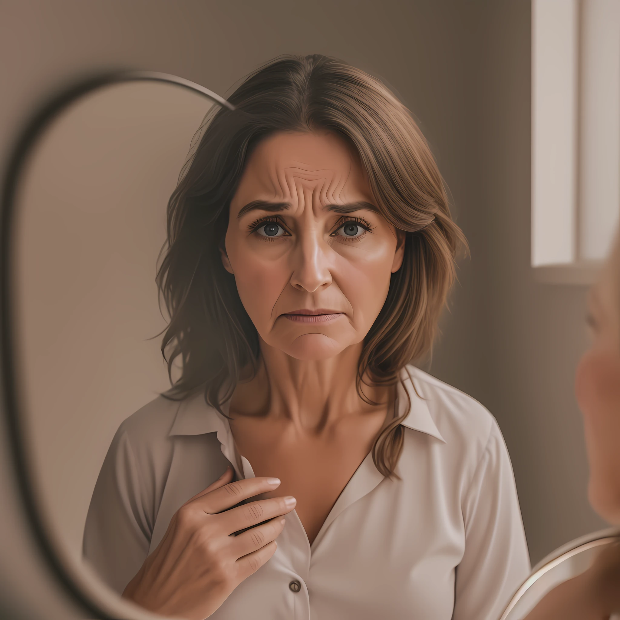 A middle-aged woman is standing in front of a mirror, holding the collar of her blouse open with an expression of concern on her face. His neck is visibly swollen, and his eyes are red and swollen. She closely examines the reflection in the mirror, gently touching the swollen area of her neck as she tries to understand what is transient. A concern is evident in her eyes, suggesting that she may be experiencing some sort of thyroid-related condition. The lighting in the room is soft, highlighting the anguish on his face.