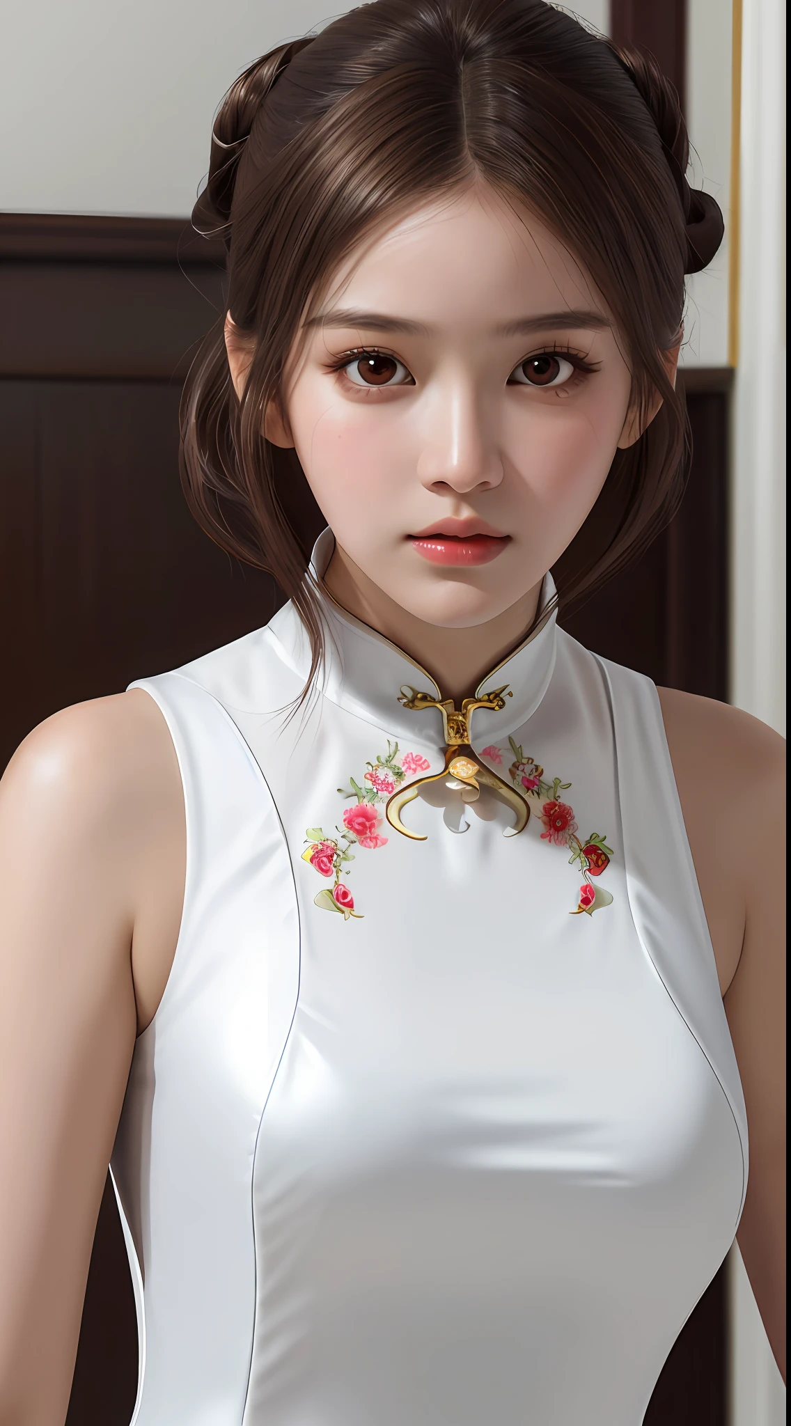 upper body, masterpiece, best quality, raw photo, photorealistic, big, face light, shiny skin, high resolution, super detail, detail, detailed eyes and face, sharp pupils, realistic pupils, sharp focus, troubled face, bedroom, shiny breasts, sexy cheongsam, white decoration dress brown hair, hair bunched up on