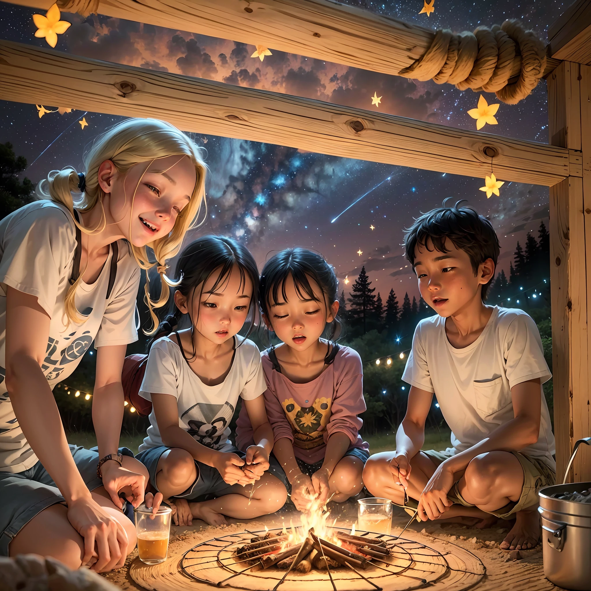 At the campsite, family and friends enjoy barbecues and look up at the night sky to count the stars. In nature, where there are no fans or air conditioners, the cool breeze feels comfortable. The laughter of children enjoying insect hunting and the light of fireflies chirping in the distance make the scenery of the summer night even more vivid. --auto --s2
