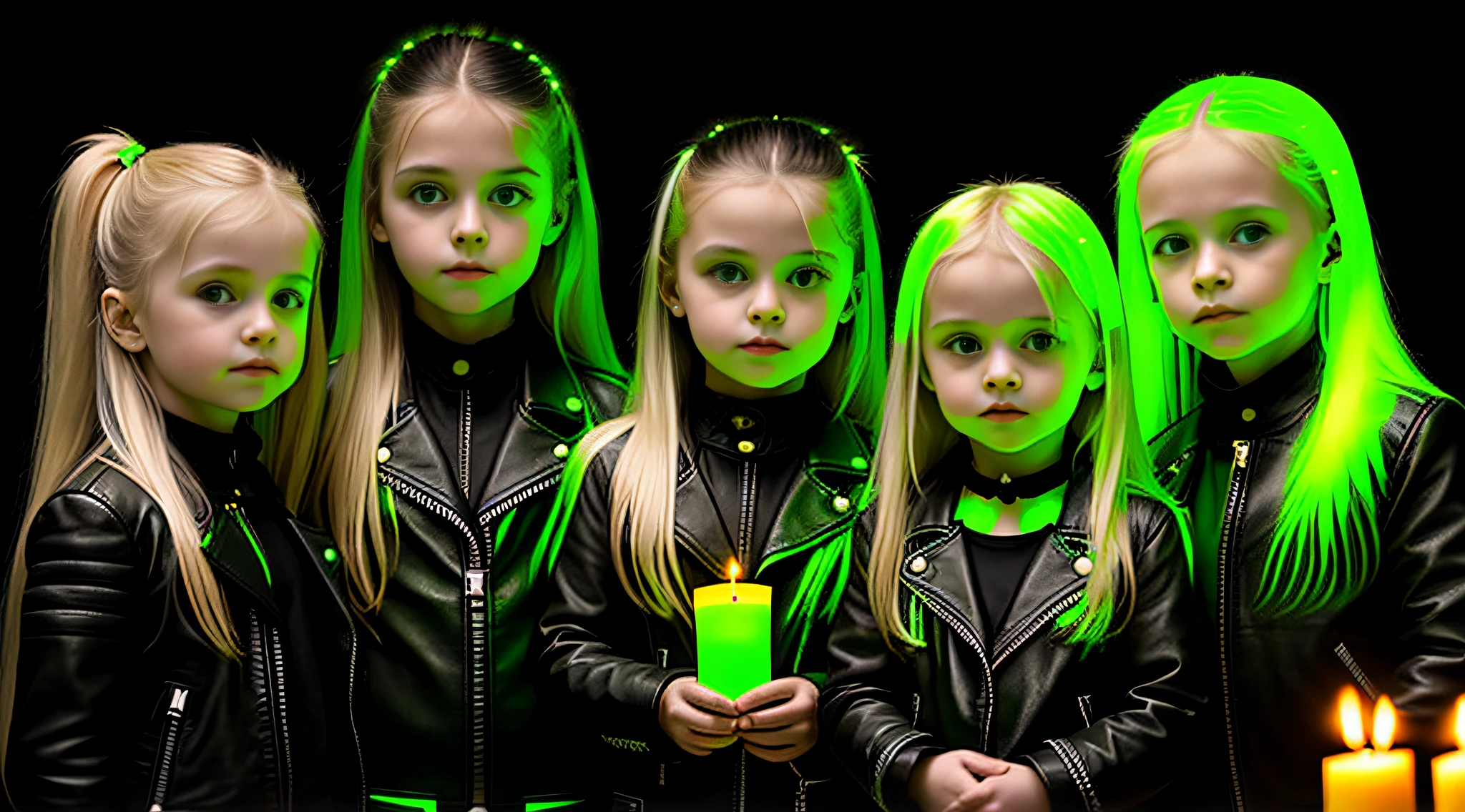 3 Russian  girls with 10 yearsONG STRAIGHT HAIR blonde, black leather jacket and black clothes, MANY candles with fire, PORTRAT STYLE, a green glow, detalized background of green glow, green glow, green ambient light, bright green, radioactive glow green, neon green, sickly green colors.