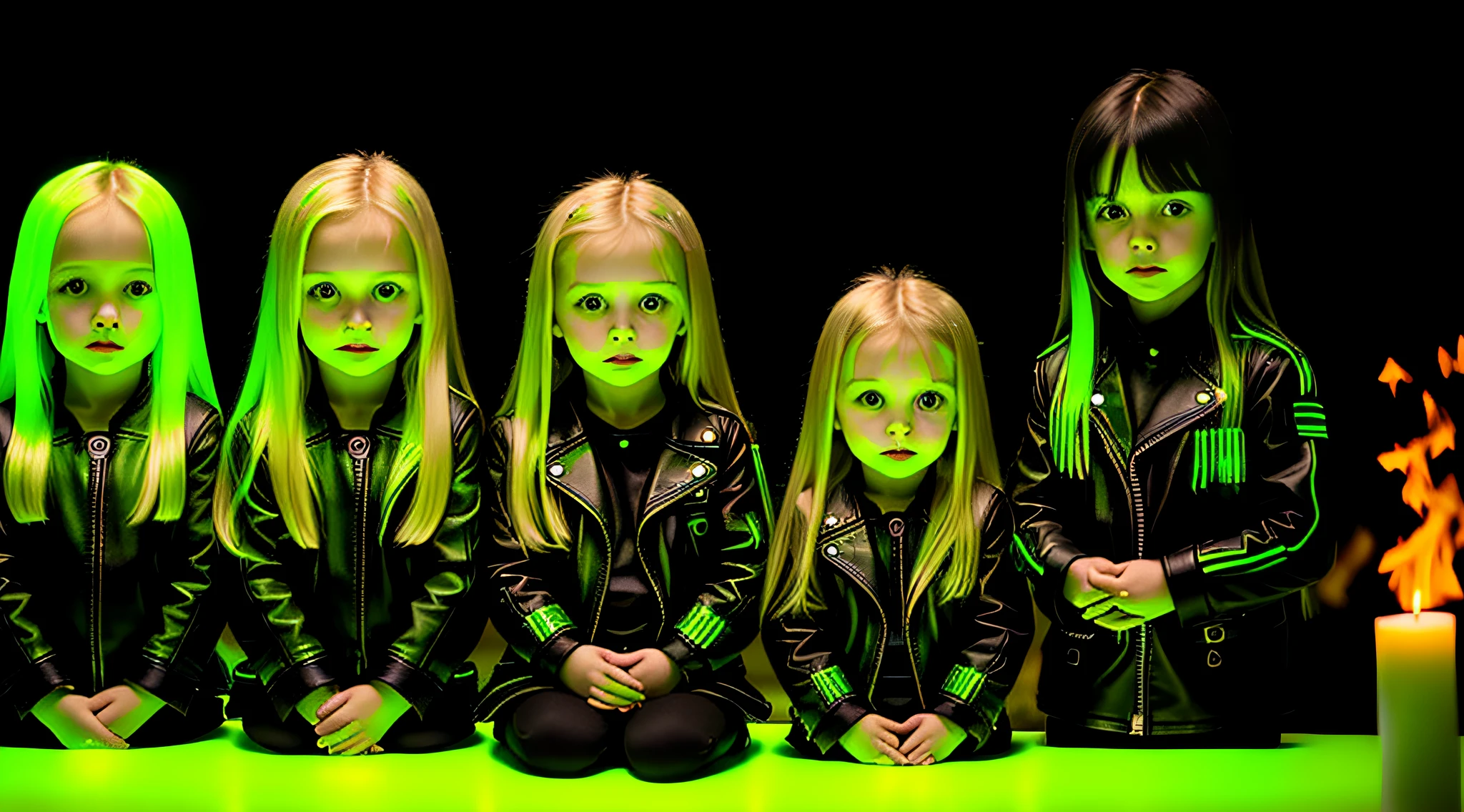 3 Russian children girls with , WITH LONG STRAIGHT HAIR blonde, black leather jacket and black clothes, MANY candles with fire, PORTRAT STYLE, a green glow, detalized background of green glow, green glow, green ambient light, bright green, radioactive glow green, neon green, sickly green colors.