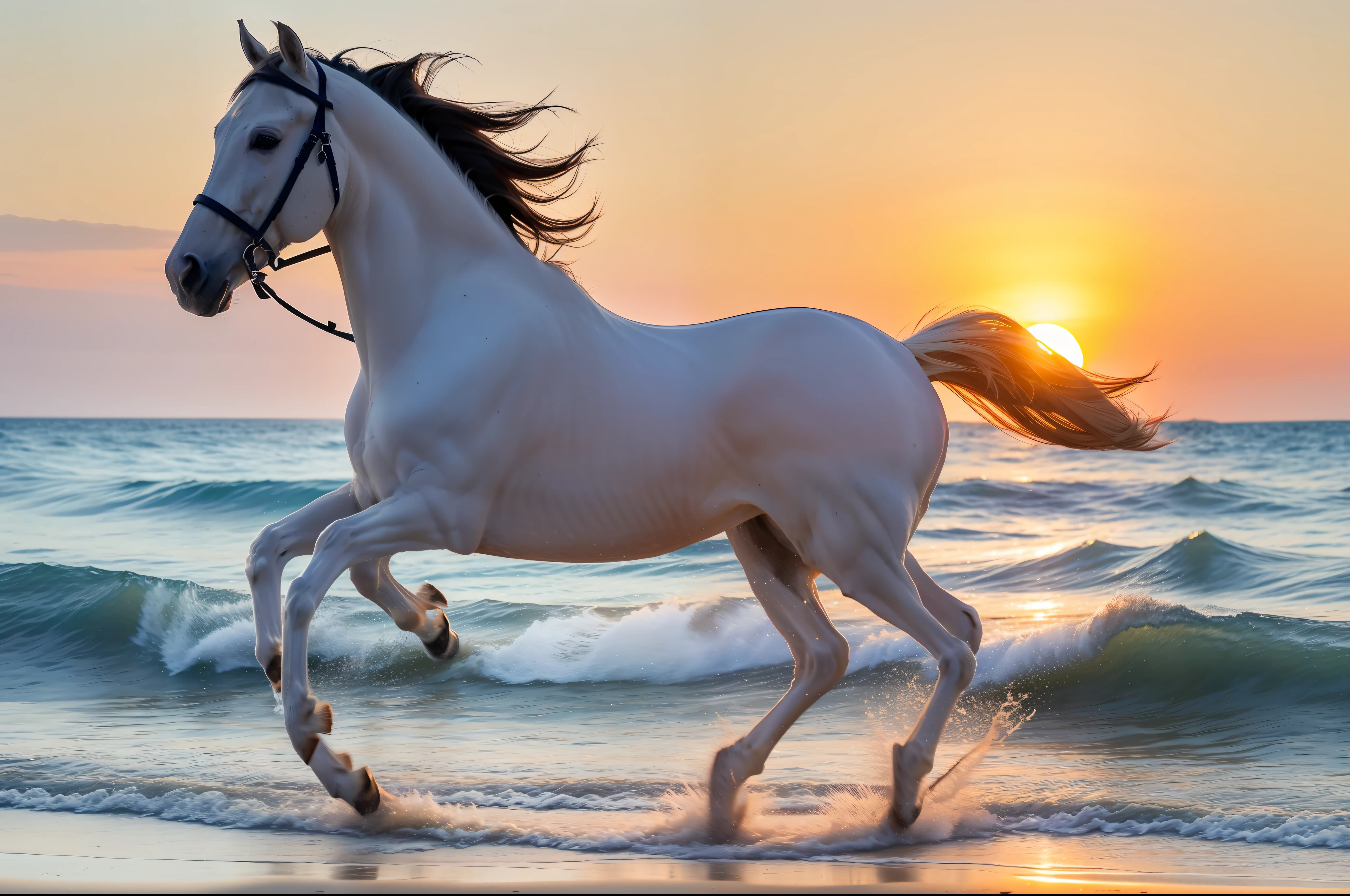 A white horse gallops on the beach in the sunset, full limbs,
