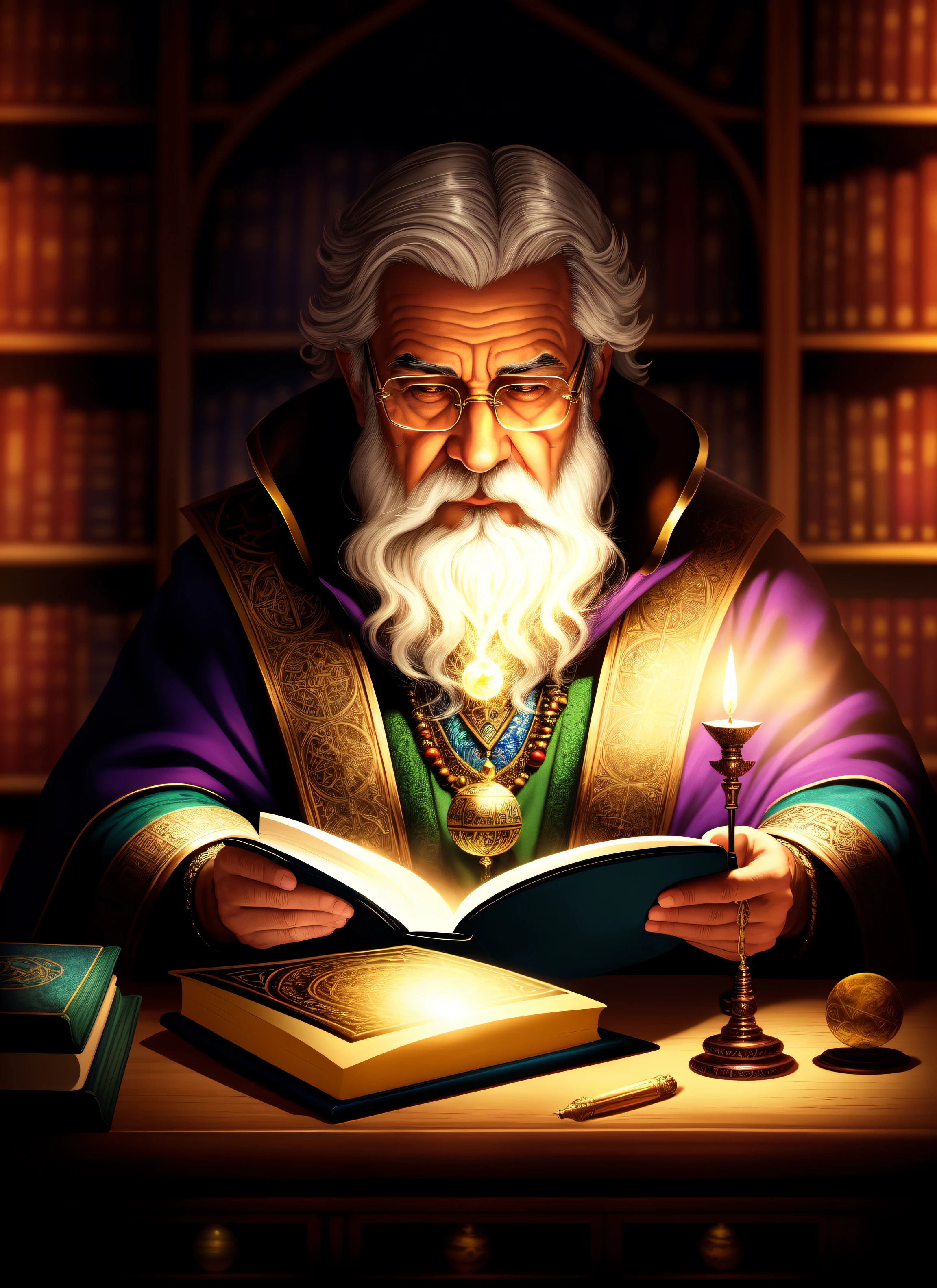 Enchanting, high-quality artwork of a (wise wizard:1.2) seated at a (majestic, wooden desk:1.1) in a (spellbinding, magical library:1.2), surrounded by (ancient tomes:1.1), (mystical artifacts:1.1), and (flickering candles:1.1). The artwork features a (fantastical:1.1) setting with (glimmering, floating orbs:1.1), (shimmering runes:1.1), and (whispers of magical incantations:1.1), by artist Raymond Swanland, on a digital canvas using Corel Painter, with (rich colors:1.1), and (detailed, realistic shading:1.1). The wizard has a (focused, studious:1.1) expression on his face, with (sparkling, intense eyes:1.1), deeply absorbed in the (arcane knowledge:1.1) contained within the pages of his (tome:1.1). The artwork captures the (awe-inspiring:1.1) atmosphere of a magical library, where the very air is thick with the power of ancient knowledge