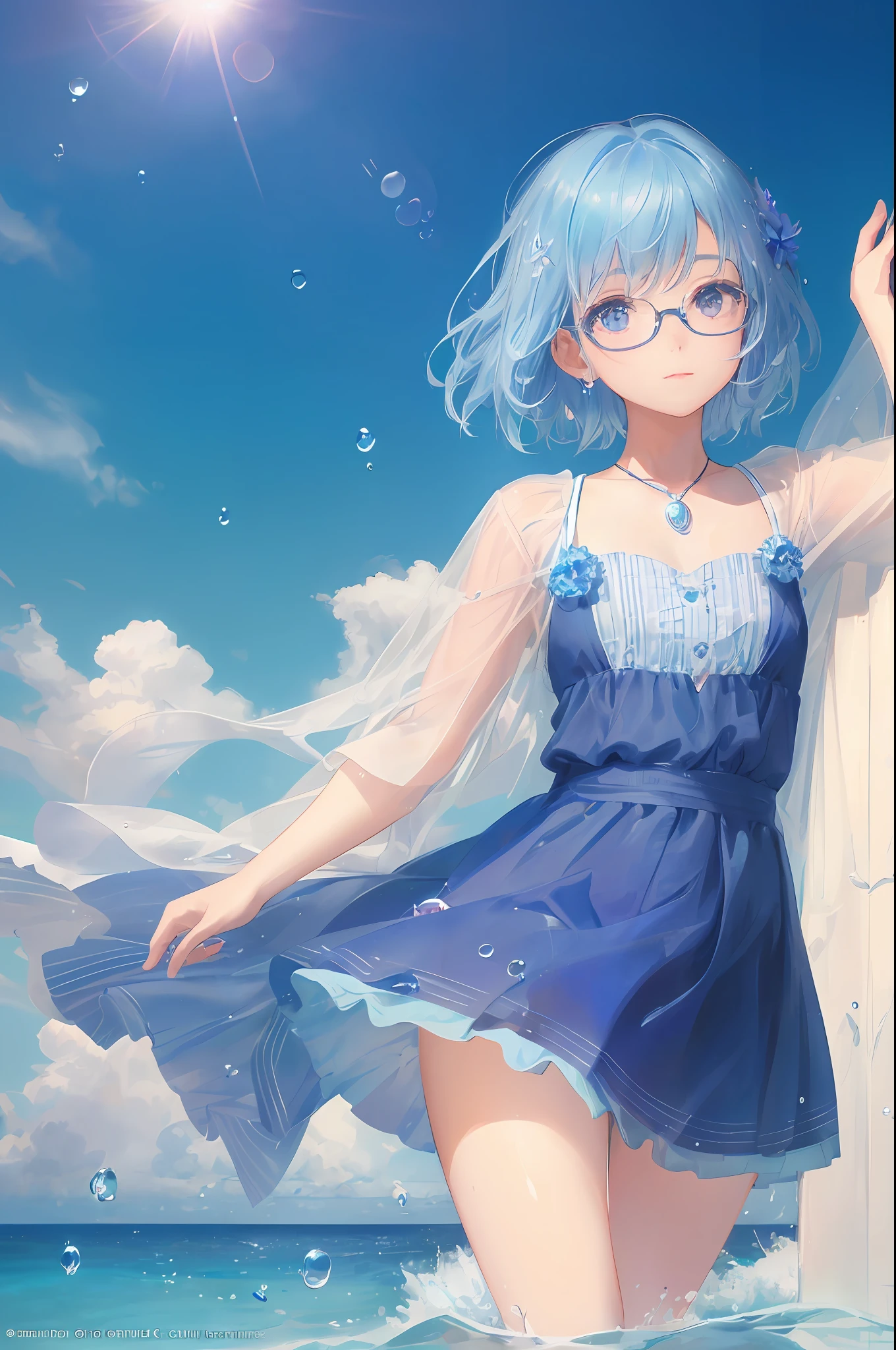 art of Cornflower, dreamer (a girl who was small and had beautiful detailed eyes. The depth of field in the photo was perfect and the lens flare added a nice touch. The finely detailed features of his face really stood out, and the score for this photo was definitely more than 10. In the background, there was a beautiful ocean with crystal clear water and water droplets on the surface. It was a stunning photo that really captured the beauty of the girl and the water.) Short hair blue hair glasses