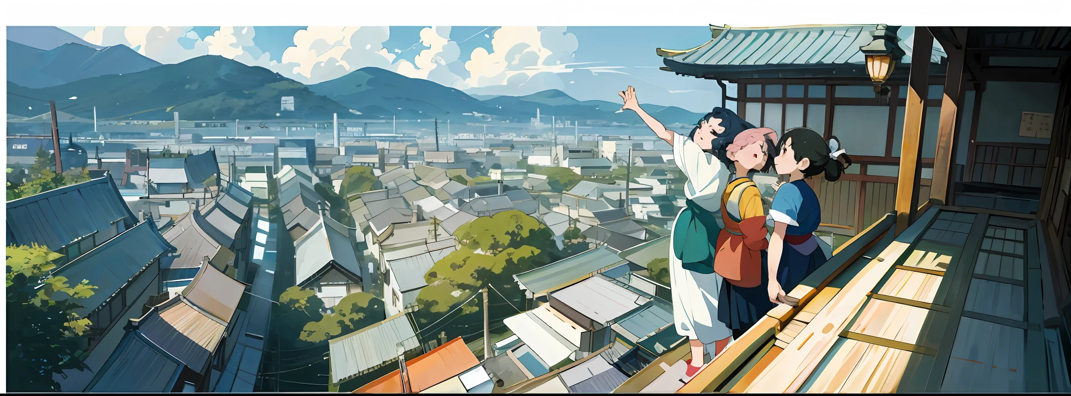 painting of three girls sitting on a roof with their arms raised, in style of kyoto animation, studio ghibli painting, tokyo mural, miyazaki's animated film, japanese animation style, ghibli spirited away vibe, by Naka Bokunen, style in ghibli anime, kyoto animation still, by Kamisaka Sekka, studio ghibli color cheme