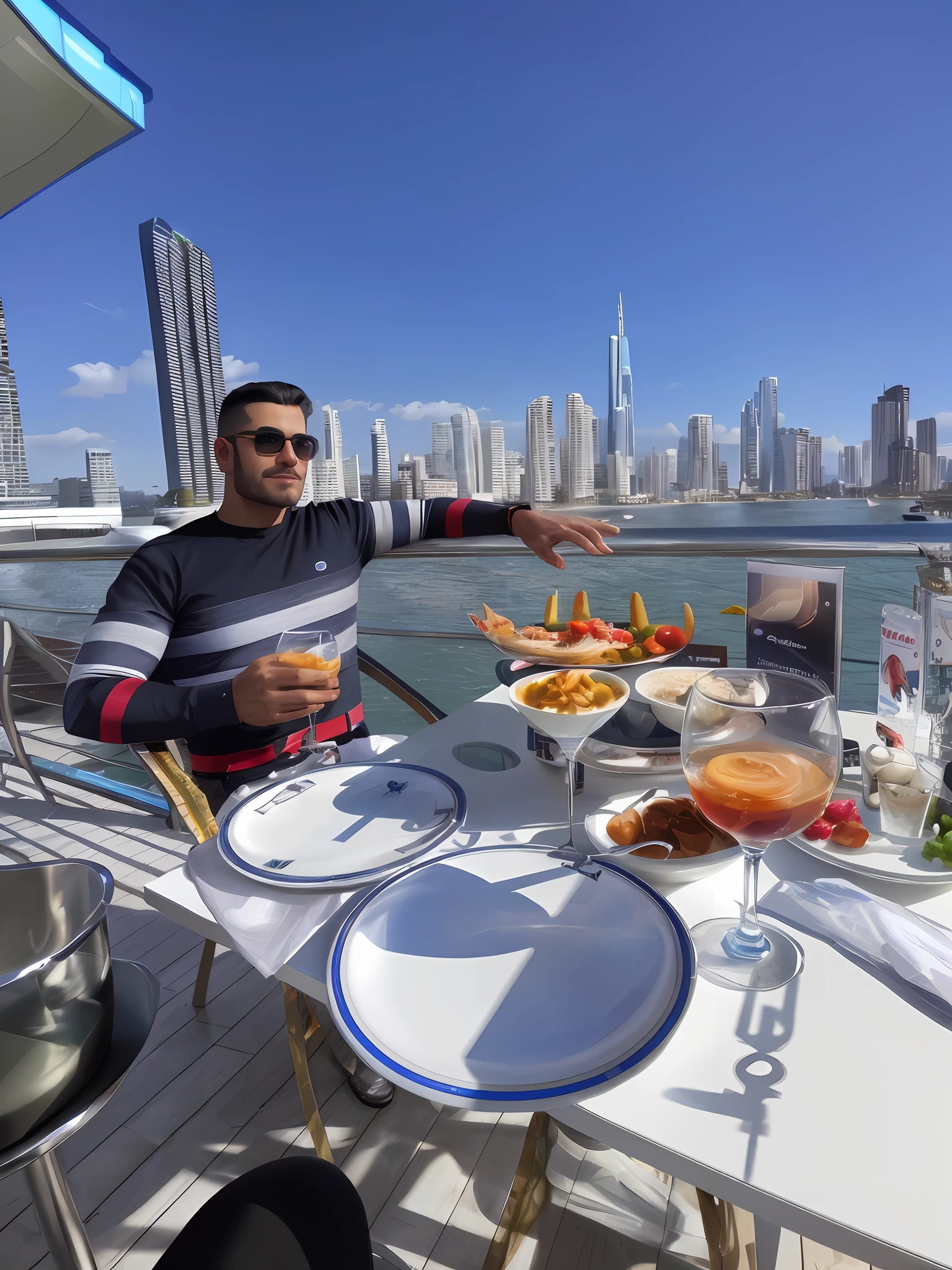 Open image, beautiful man, futuristic city in the background, seaside, sitting, future, technology, lots of technology, cars of the future, flying saucers.